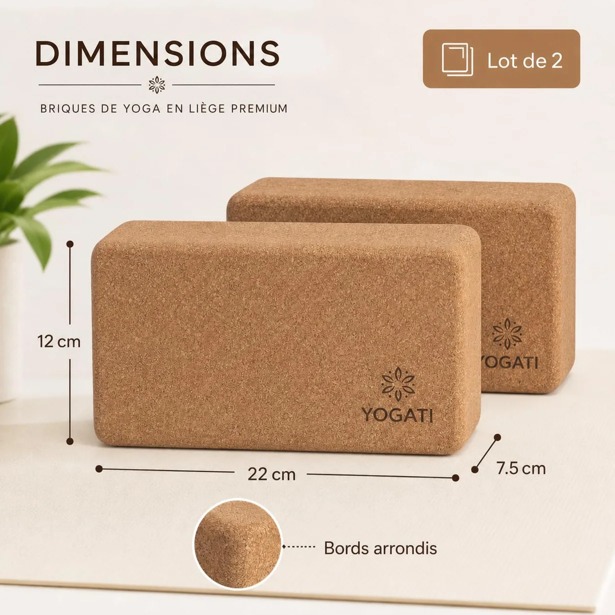 YOGATI® Brique de Yoga en Liège lot de 2 | Blocs de Yoga Durable en Liège Naturel | Bloc Yoga 22x12x7.5 cm | Yoga Block Écologique | Idéal pour Pilates et étirements