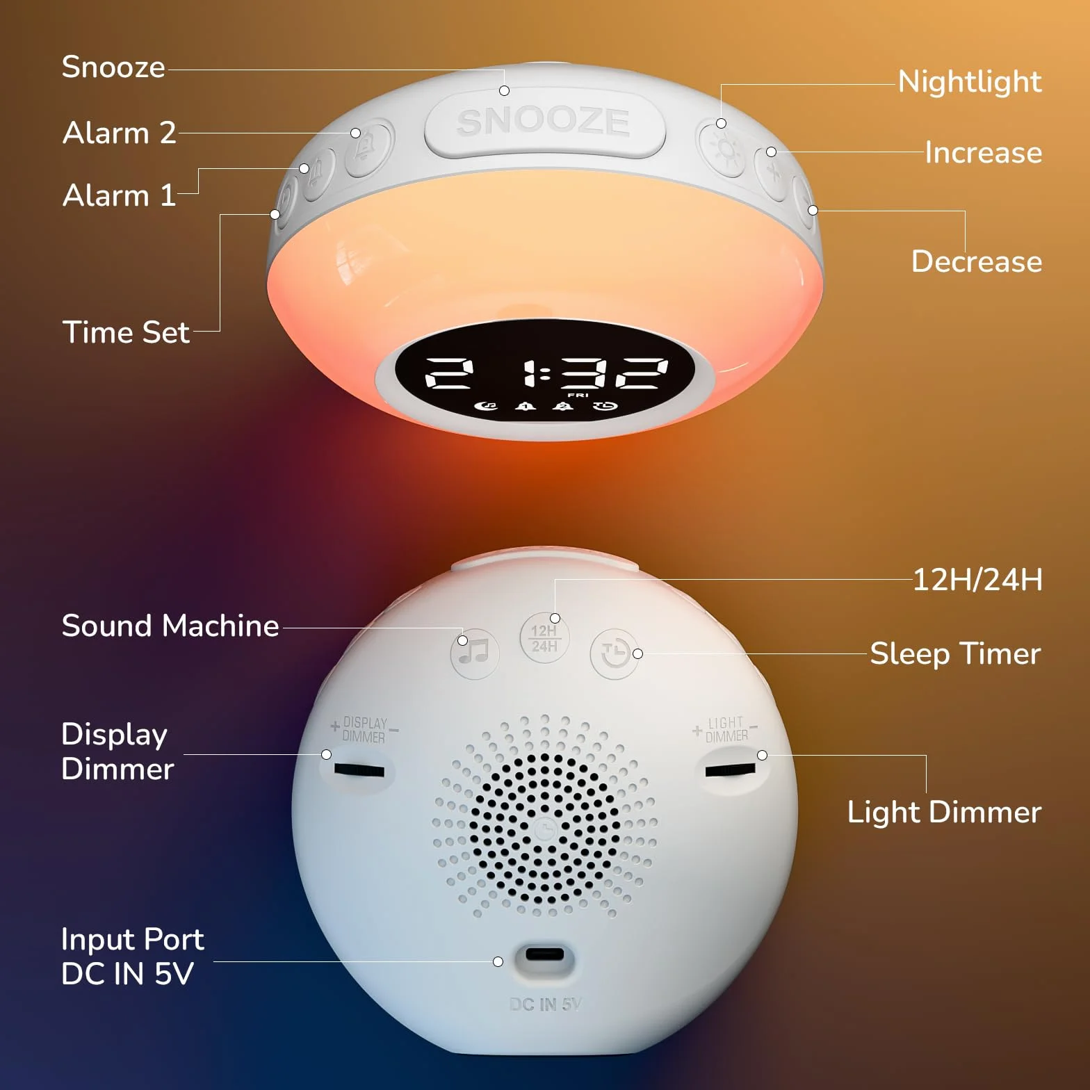 Réveil Enfant Lumineux LED RGB avec Veilleuse, Double Alarme, Minuteur, 12/24H, Adaptateur Inclus