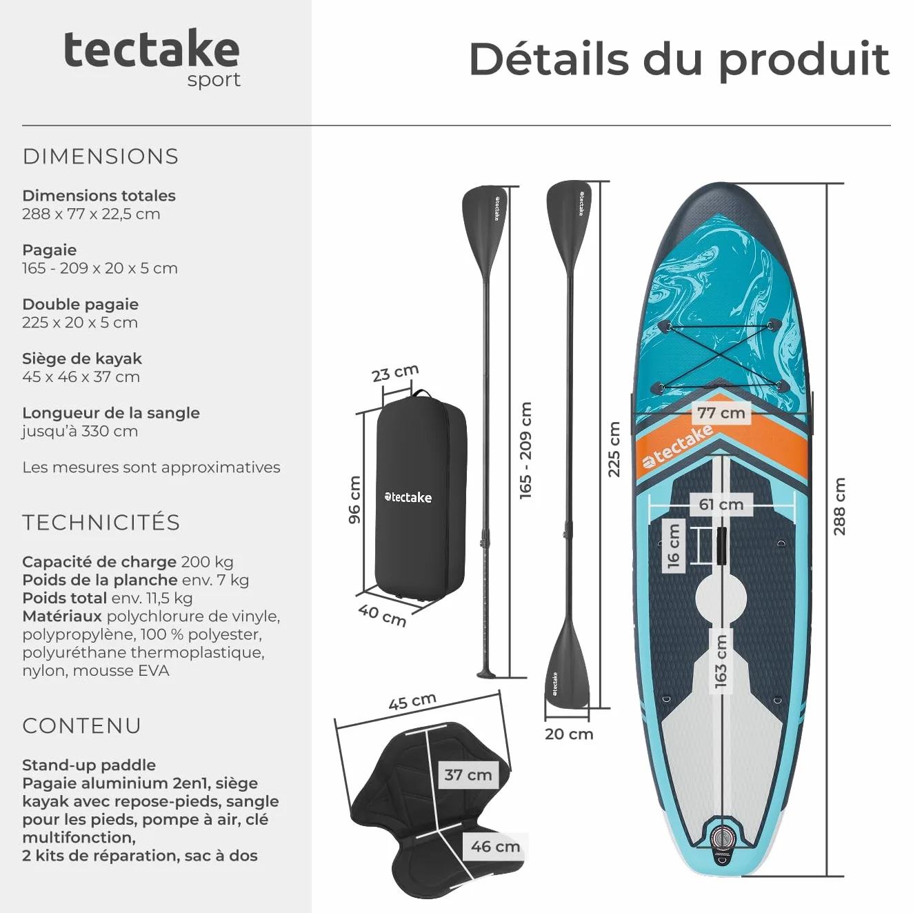 tectake® Planche de Stand-up Paddle Gonflable Adulte 2-en-1, Utilisable comme Kayak, Siege Paddle détachable, Pompe, 3 Ailerons, sac à dos, Pagaie double, Pagaie simple, Accessoires, Charge Max. 200kg