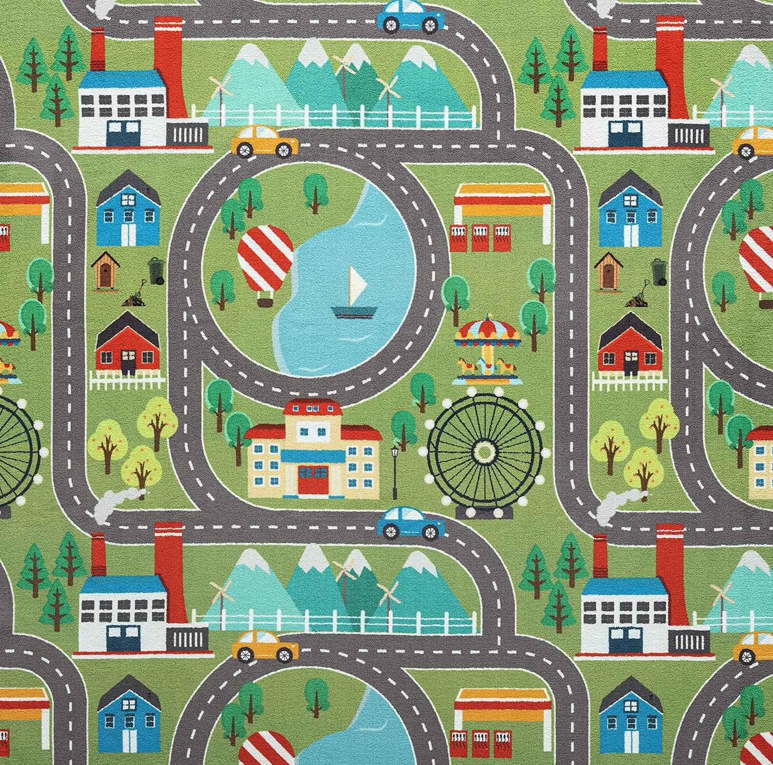 Tapis de Jeu Lavable Vert 80 x 150 cm Motif Rue Ville Voitures Happy Life