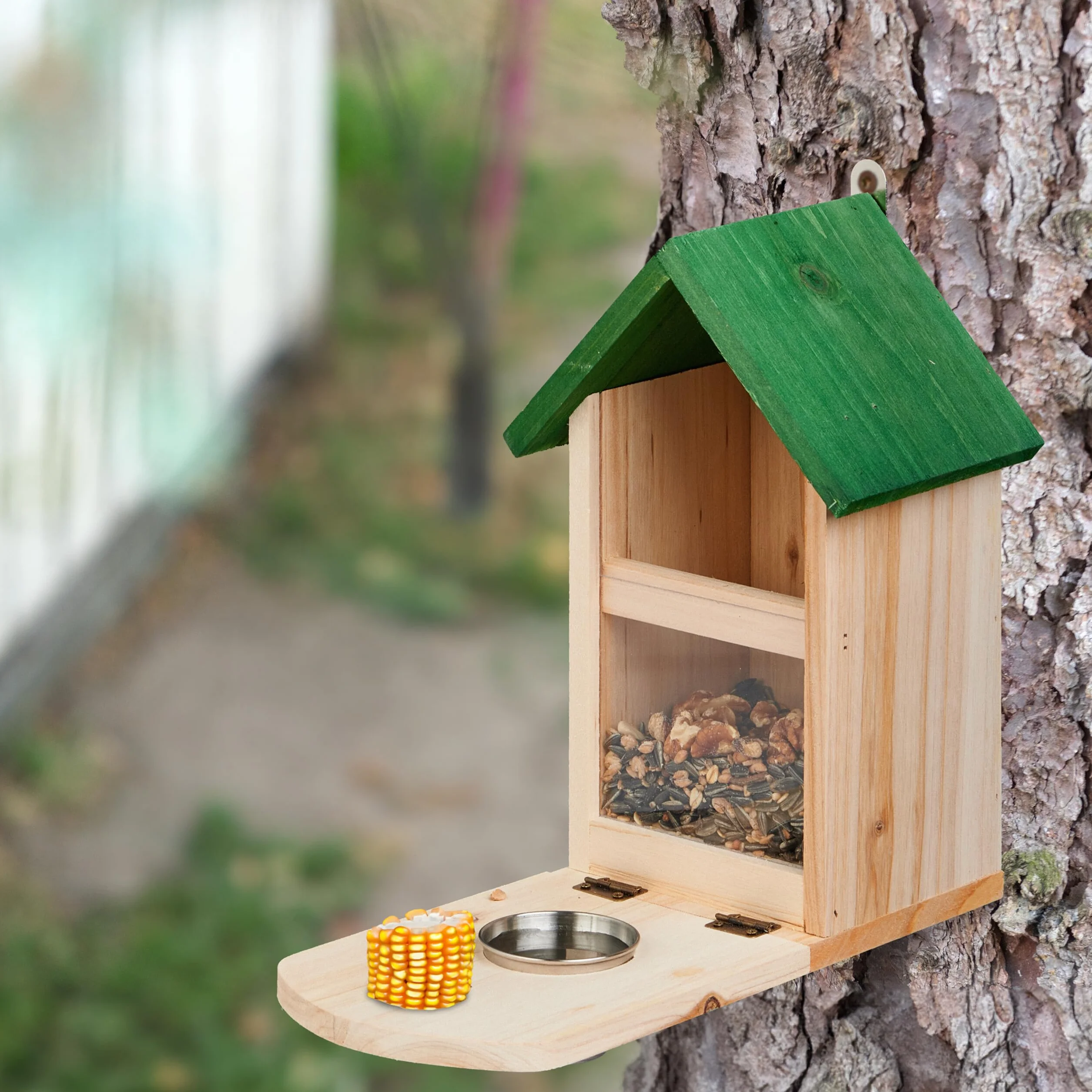 Relaxdays Mangeoire en Bois pour Écureuils avec Vis et Seau à Eau, Nature et Vert