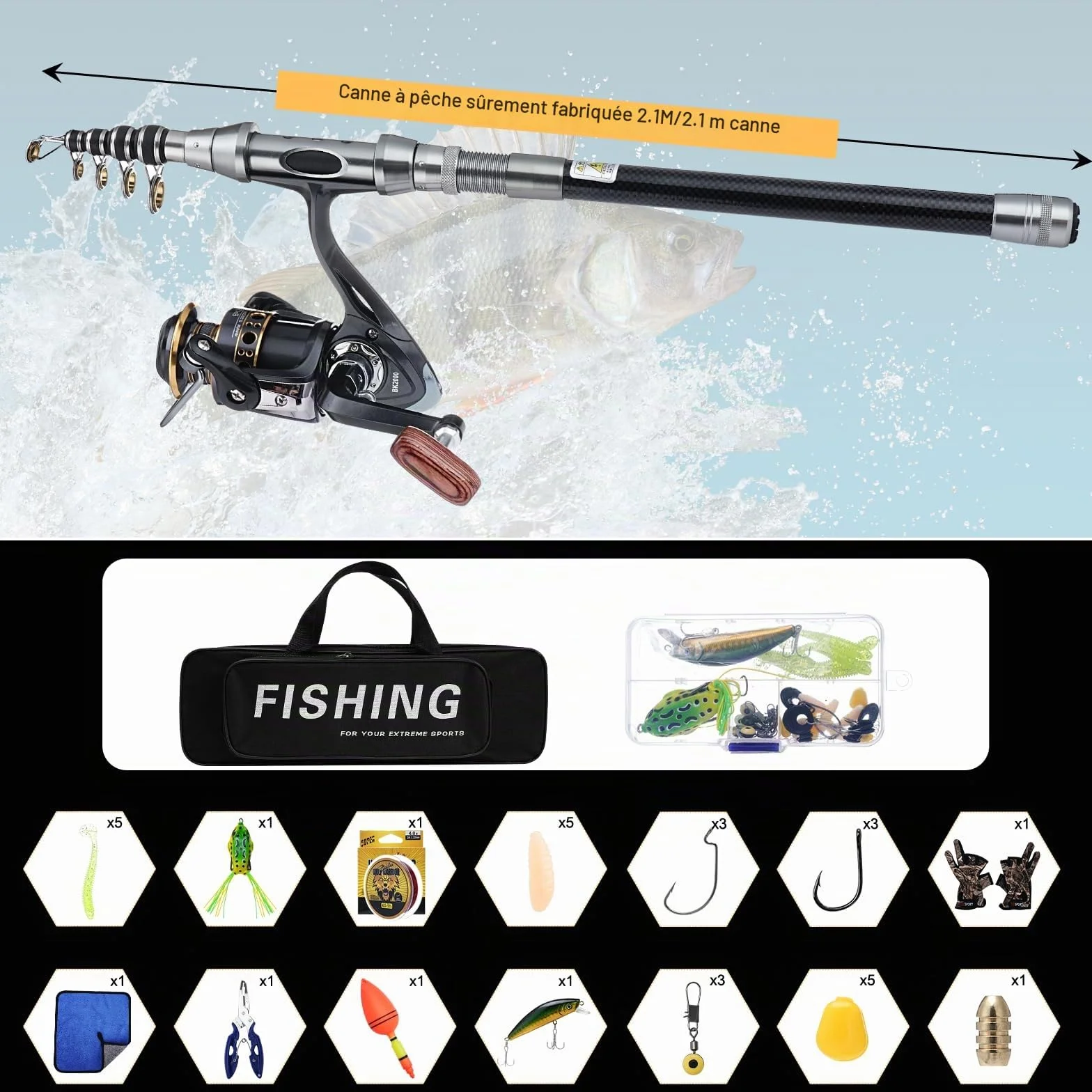 Canne à Pêche Télescopique 2,1m Fibre de Carbone Kit avec Moulinet, Ligne, Leurres, Sac