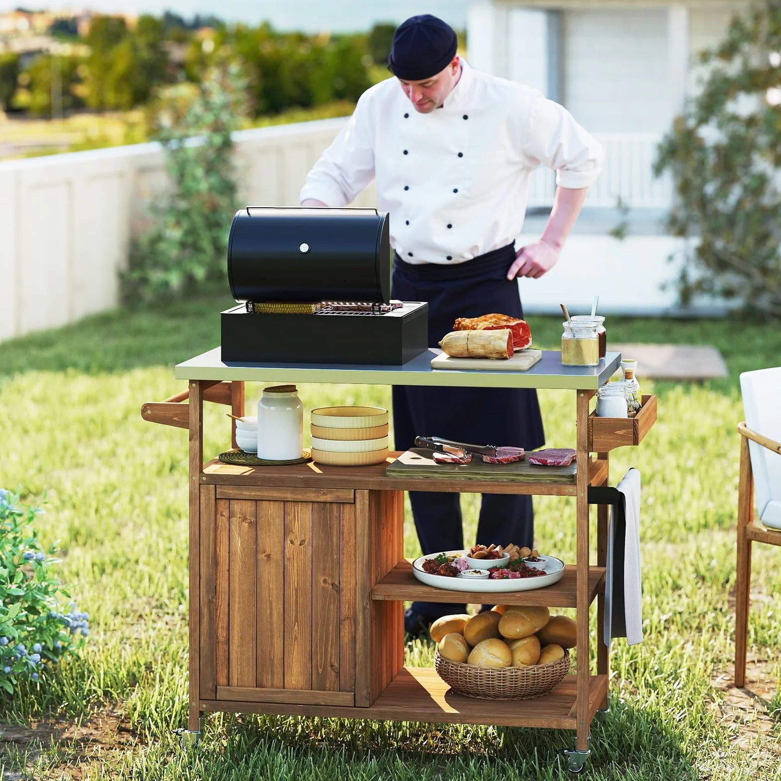 COSTWAY Chariot d'Extérieur en Bois avec Rangement, Meuble de Préparation BBQ avec Plateau 3 Étagères Ouvertes & Armoire