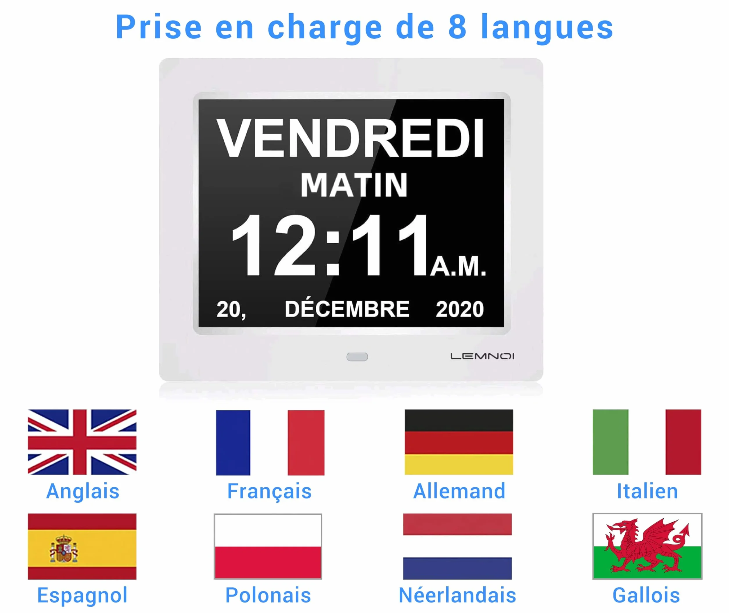 LEMNOI Horloge Numérique LCD 8 Pouces avec Calendrier Non-Abrégée Auto Dimming HD Display N11