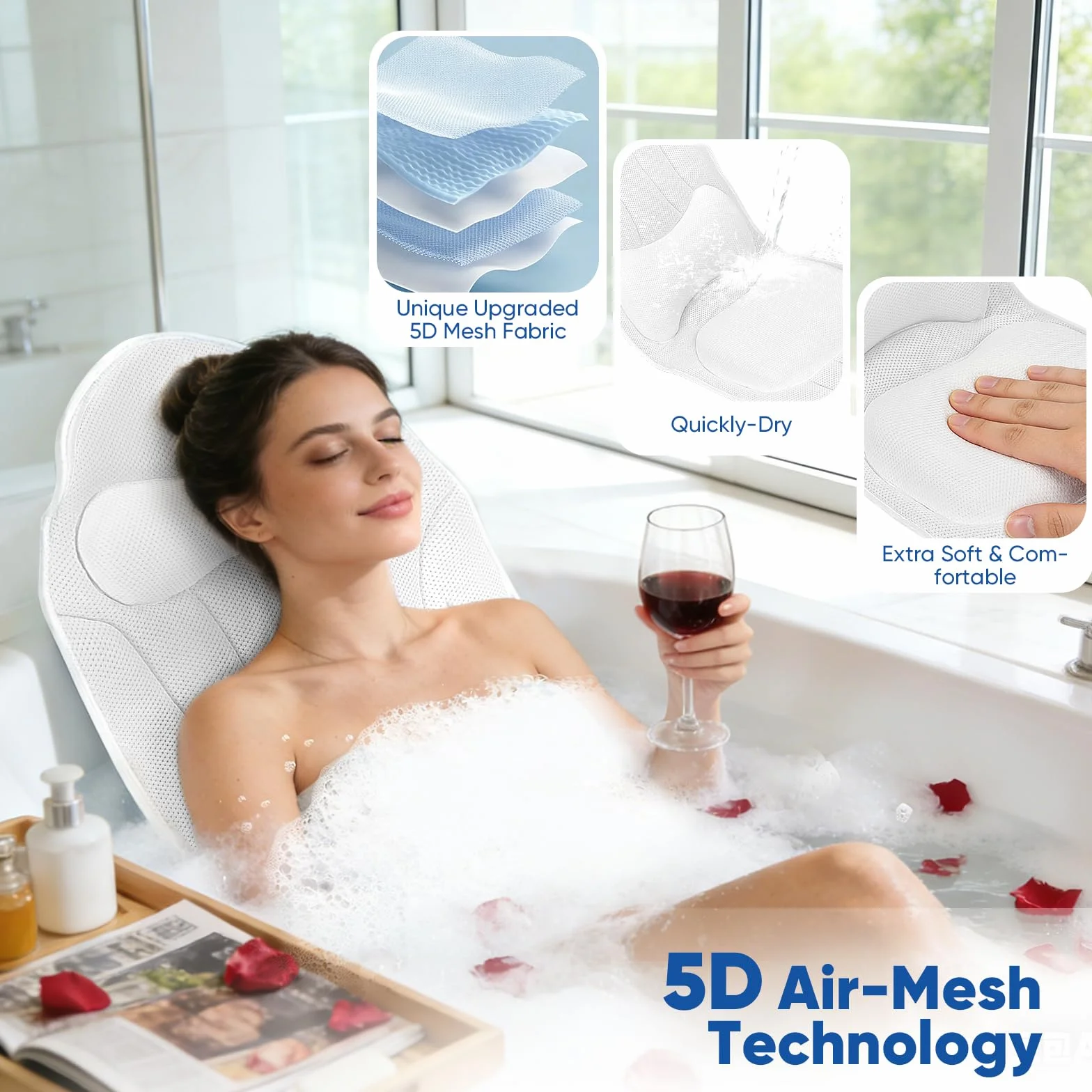 Coussin de bain complet avec repose-nuque et sac de rangement, tapis de bain 5D respirant, blanc
