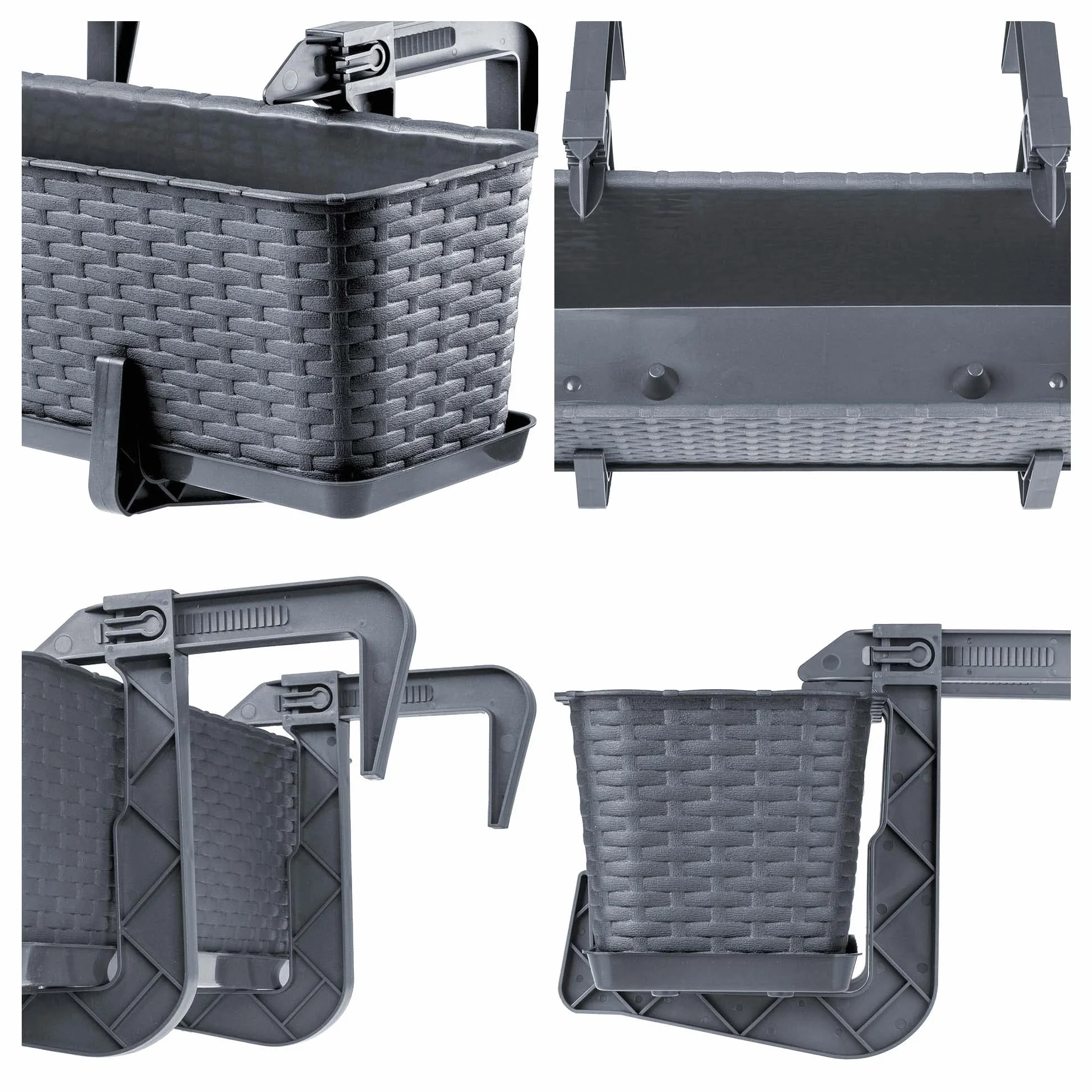 KADAX Lot de 4 jardinières 60 cm Plastique Graphite - Rectangulaires avec supports de fixation