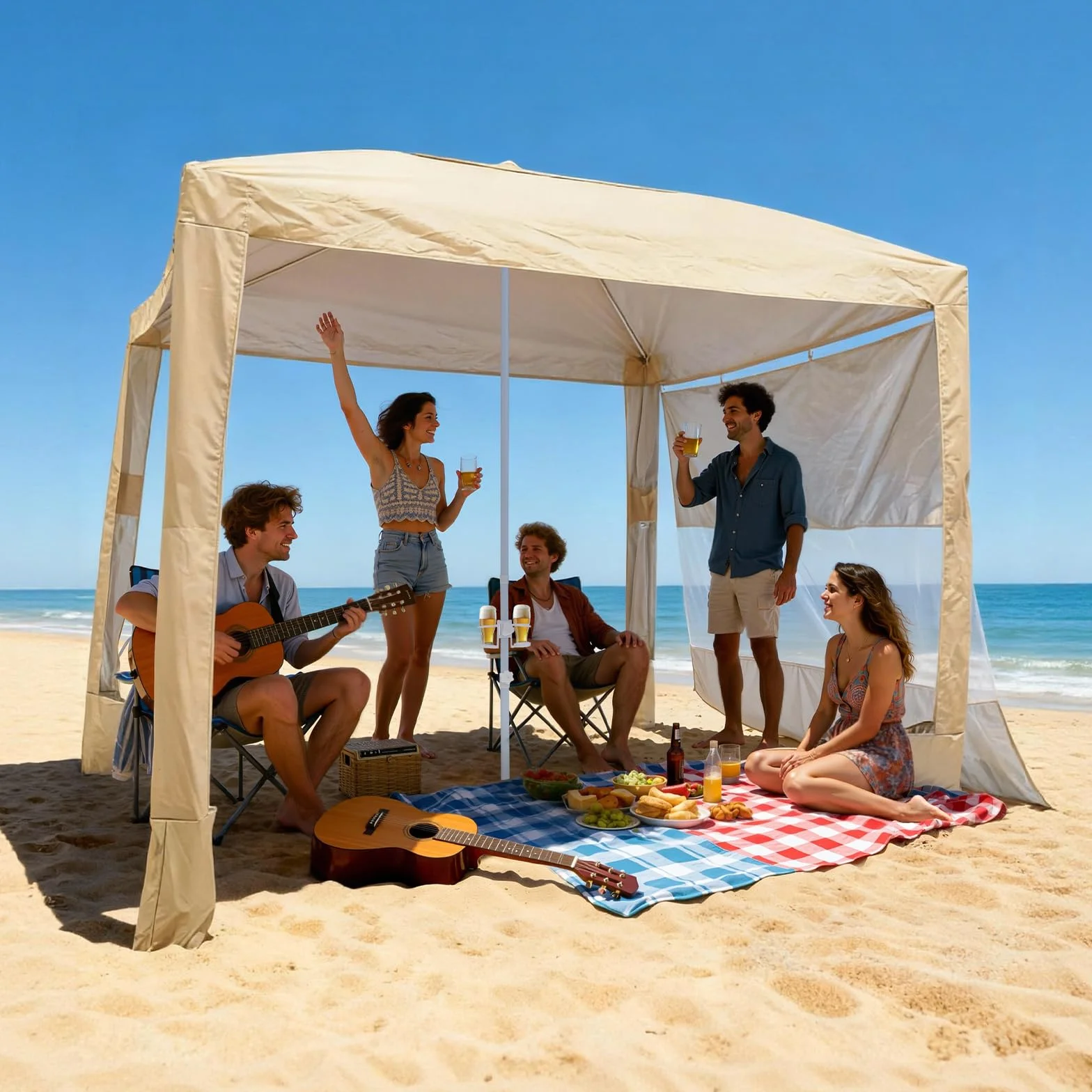 VEVOR Tonnelle de Plage 2,4 x 2,4 m, Abri de Plage avec Parois Latérales et Poches à Sable, Tente Portable pour Camping Extérieur, Protection UPF 50+, Hauteur Réglable, Espace Ombragé Spacieux, Kaki