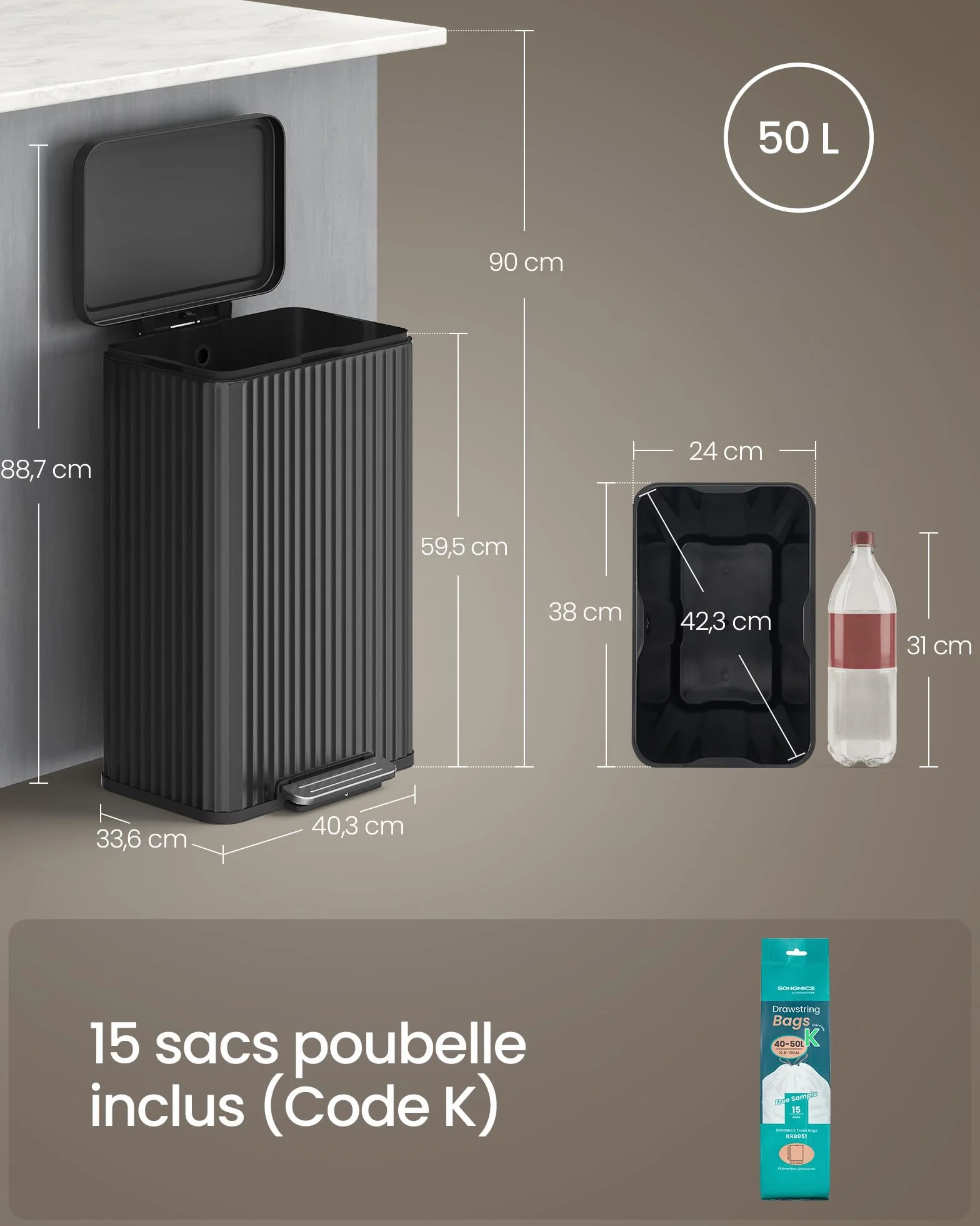 SONGMICS Poubelle de Cuisine 50 L Acier Pédale Couvercle Fermeture Douce Noir d’Encre LTB586BZ02
