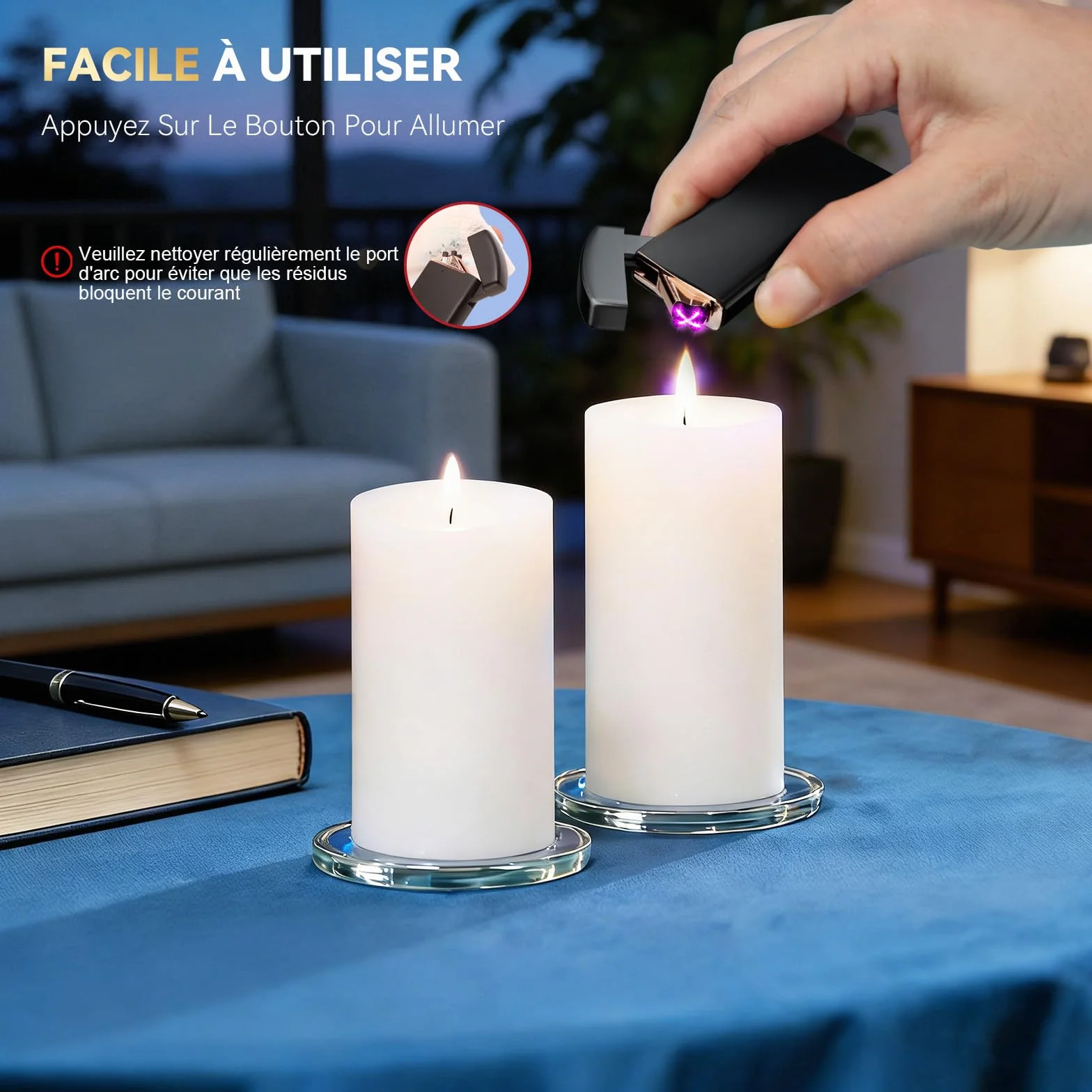 Briquet Electrique Rechargeable Double Arc USB Câble Coupe-Vent pour Bougie Barbecue Cadeau Homme
