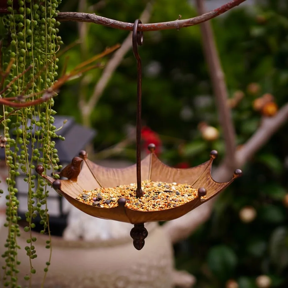 Mangeoire à Oiseaux Suspendue en Métal Auge Plateau Parapluie pour Extérieur