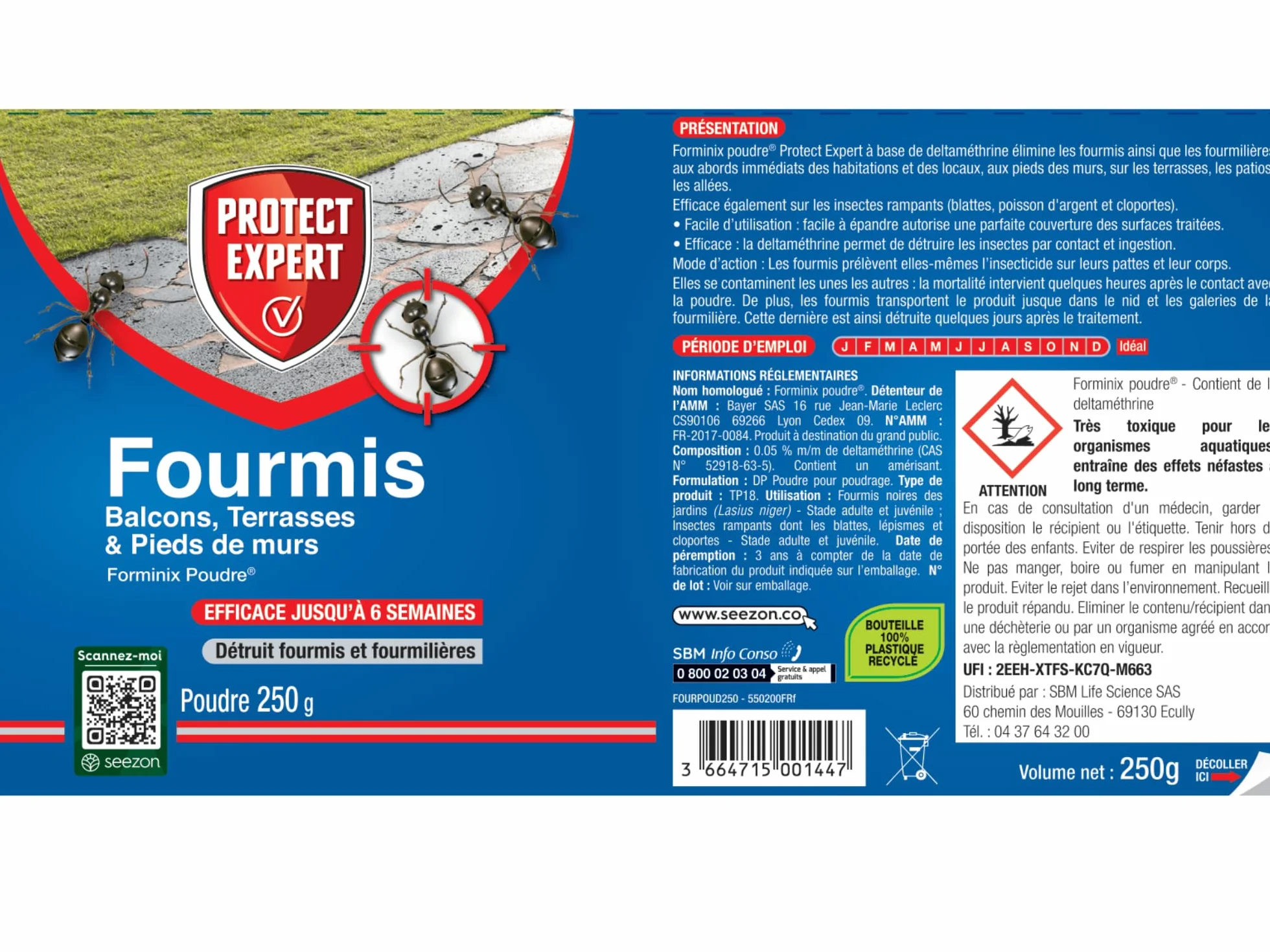 Protect Expert Poudre Anti-Fourmis Insecticide 250g Traite jusqu'à 75m2 Action Choc Longue Durée