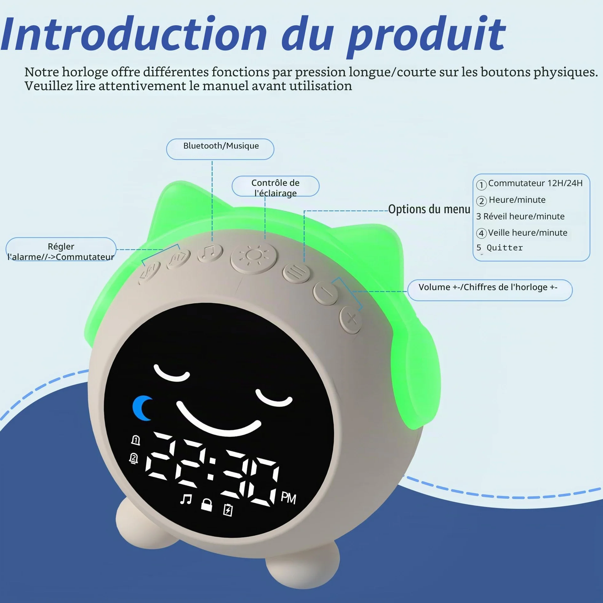 Réveil Enfant Chat Éducatif Jour/Nuit avec Veilleuse Sons Apaisants 2 Alarmes Mode Week-End Rechargeable