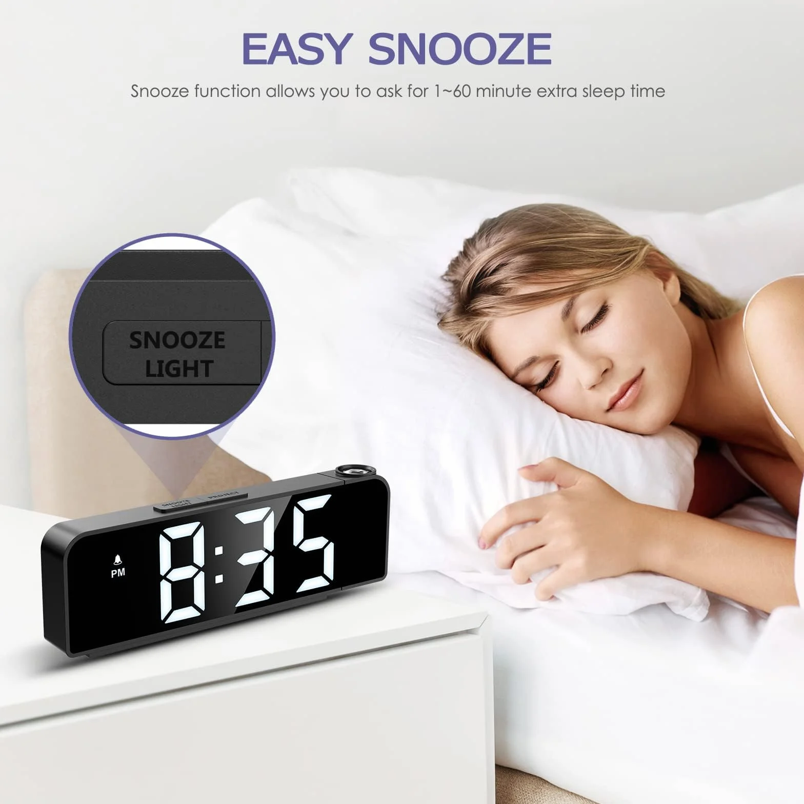 Réveil Projecteur Plafond 180° Numérique LED 7.9" 4 Luminosités Réglable Snooze Température