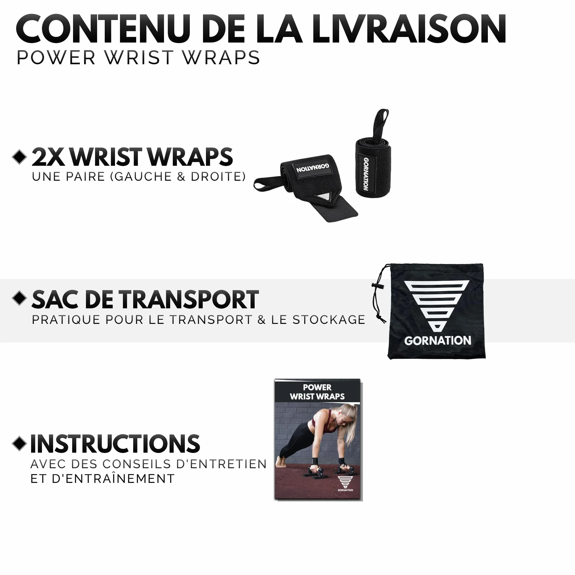 GORNATION Protège-Poignets, Bande Poignet Musculation, Power Wrist Wraps pour Musculation, Crossfitness, Gym, Street Workout et Sports de Force, Bandes de Poignet - 1 Paire, Noir