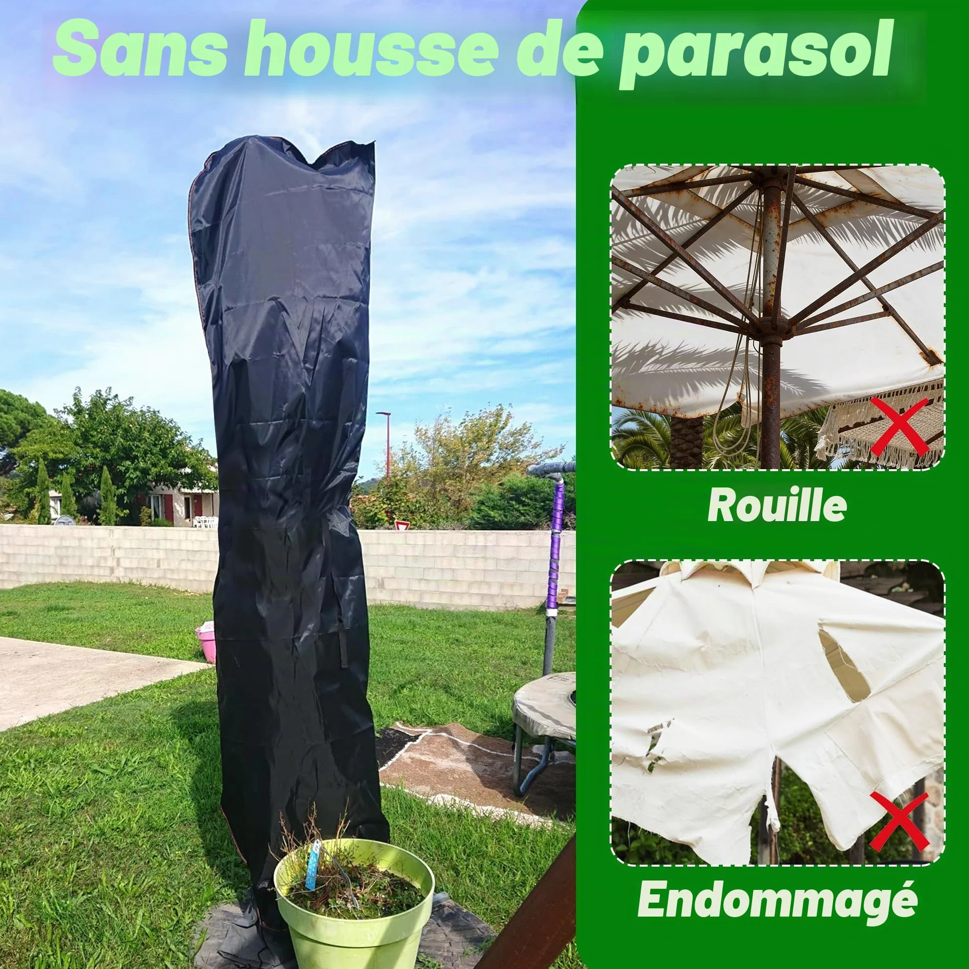 Housse Parasol Déporté Tissu Oxford 420D Imperméable Fermeture éclair 2,7-3,4 m Noir