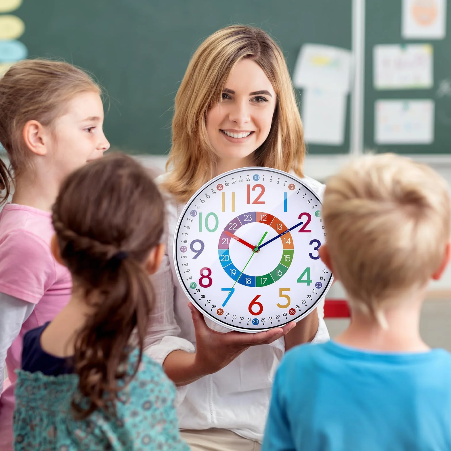 JIZZU Horloge Murale Apprentissage Enfants Ø 30cm Pendule Silencieuse Colorée 3D Chiffres Facile à Lire