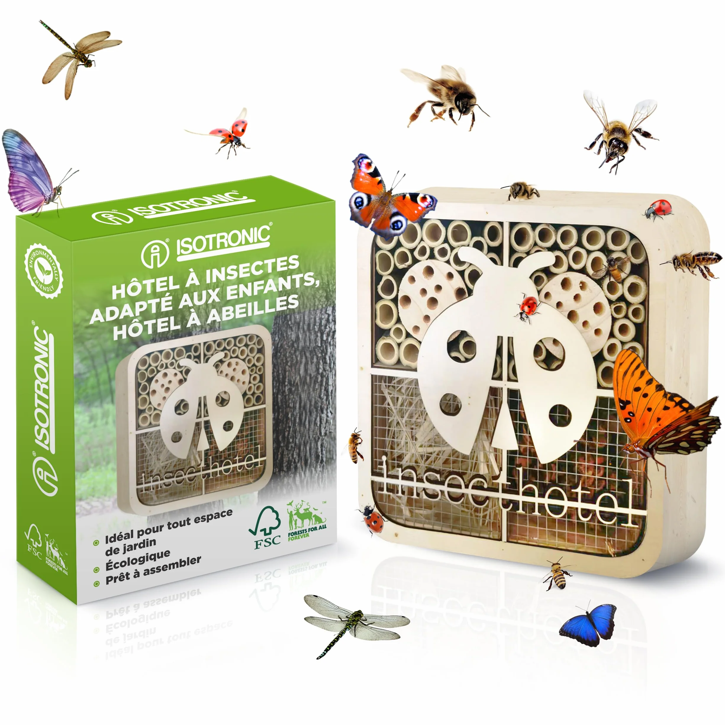 ISOTRONIC Hôtel à Insectes en Bois Naturel – Maison pour Abeilles et Coccinelles avec Abri en Bambou pour Jardin et Balcon