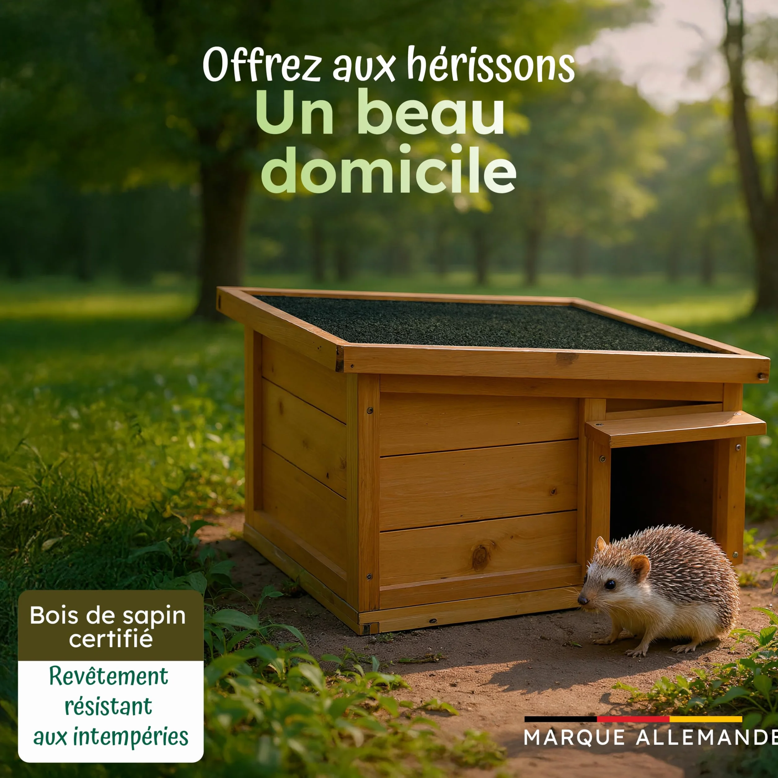 Moorland Cabane pour Hérissons en Bois FSC 45×41 cm – Maison Herisson Extérieur avec Toit Étanche & Amovible, Entrée Labyrinthe Ventilée – Modèle IH2