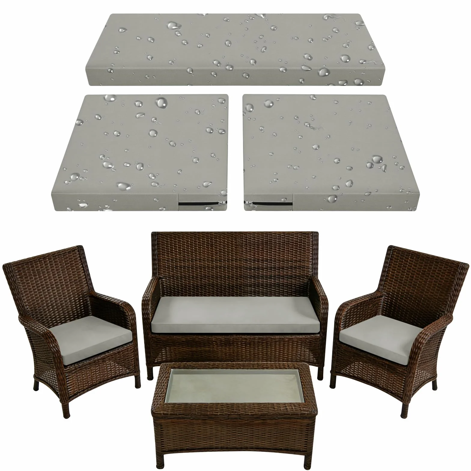 Housse Coussin Jardin Exterieur Impermeable Lot de 3 50x50x5cm 107x46x8cm Gris Clair