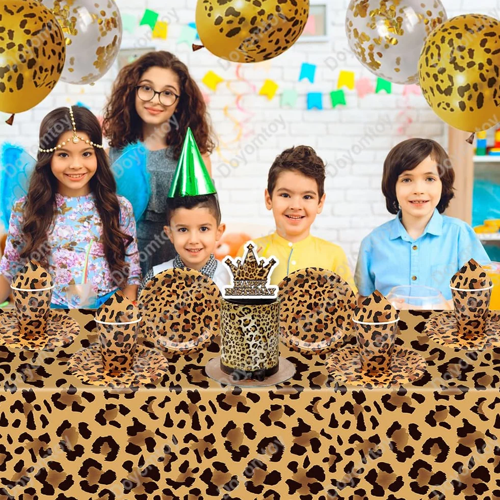 Vaisselle de Fête Léopard Anniversaire Set Assiettes en Papier Serviettes Tasses 20 Personnes