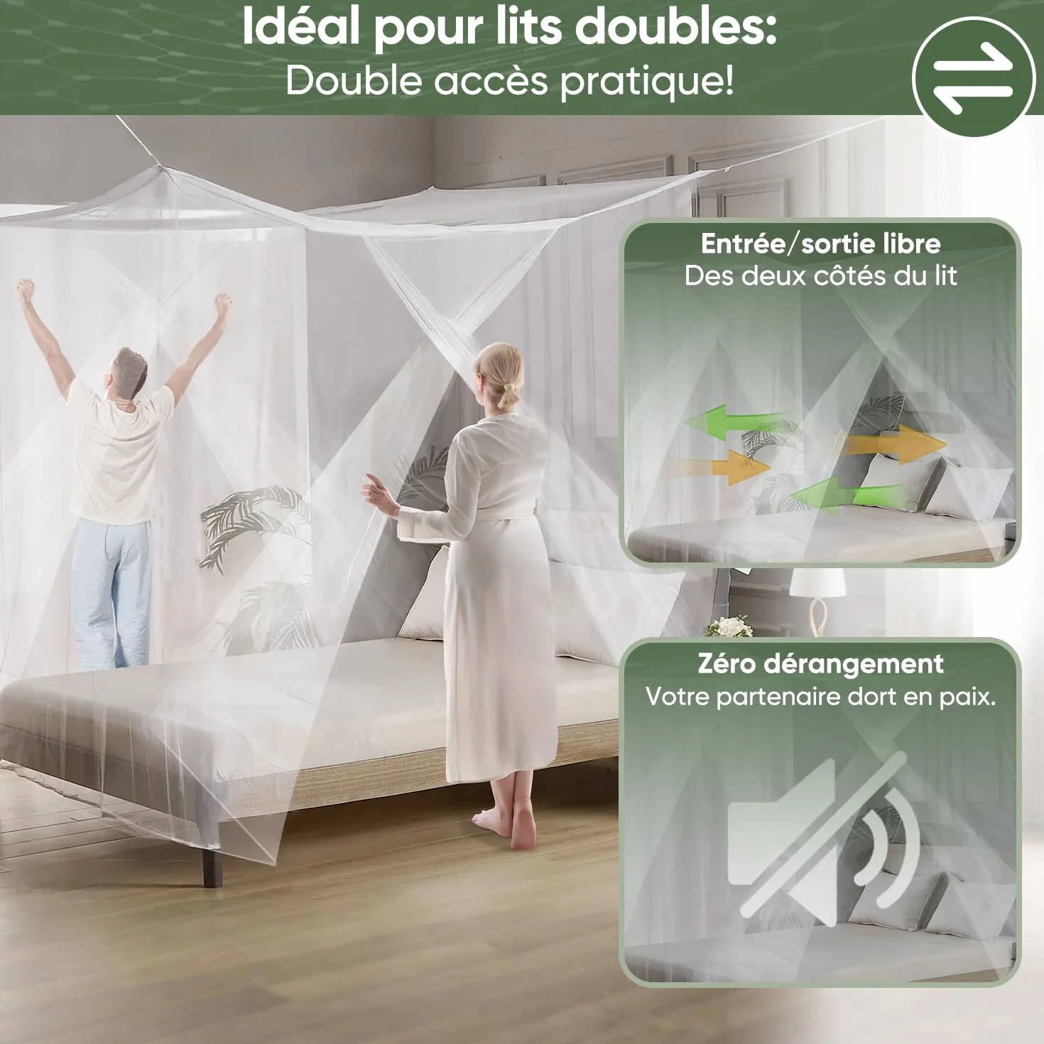 Sekey Moustiquaire pour Lits Simples/Doubles | Écran de Protection Anti-Insectes | Kit de Suspension Complet | Système d'installation Rapide et Facile (220x200x200cm-lit Double-Doubles Ouvertures)