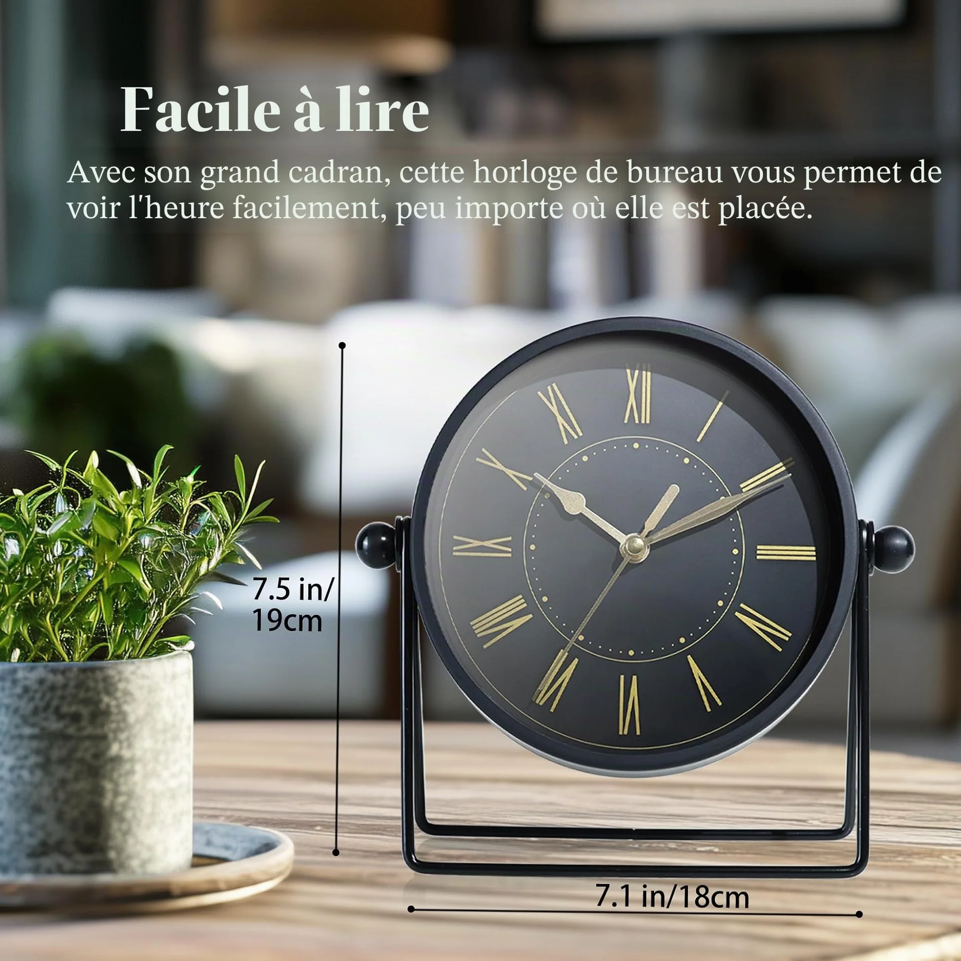 AYRELY Horloge de Table Vintage Métal Quartz Silencieux Angle Réglable Noir Doré