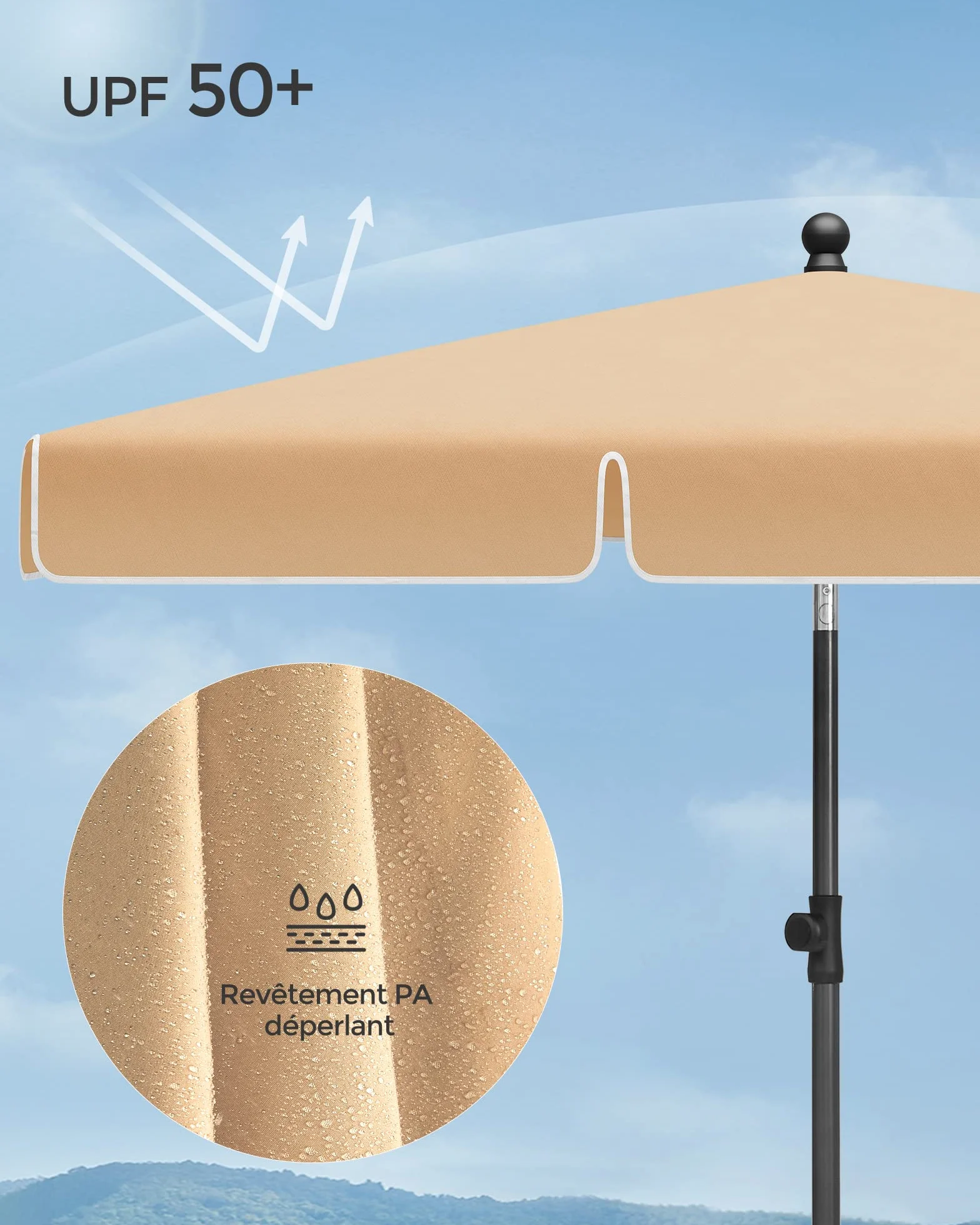 SONGMICS Parasol 200 x 125 cm Protection Solaire UPF 50+ Inclinable 30° Hauteur Réglable Sac de Transport Jardin Terrasse Taupe GPU25BR
