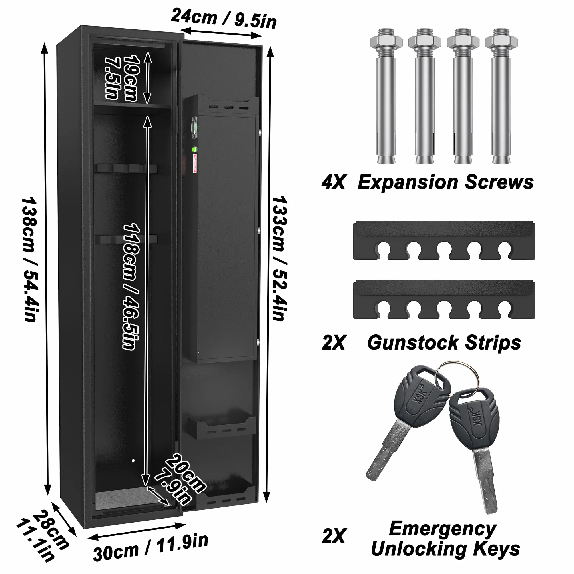 NAIZY Armoire à armes 30 x 28 x 138 cm avec serrure à combinaison tactile et serrure à empreintes digitales et clé - Armoire à armes longues - Armoire à munitions - Pour 3 à 5 fusils
