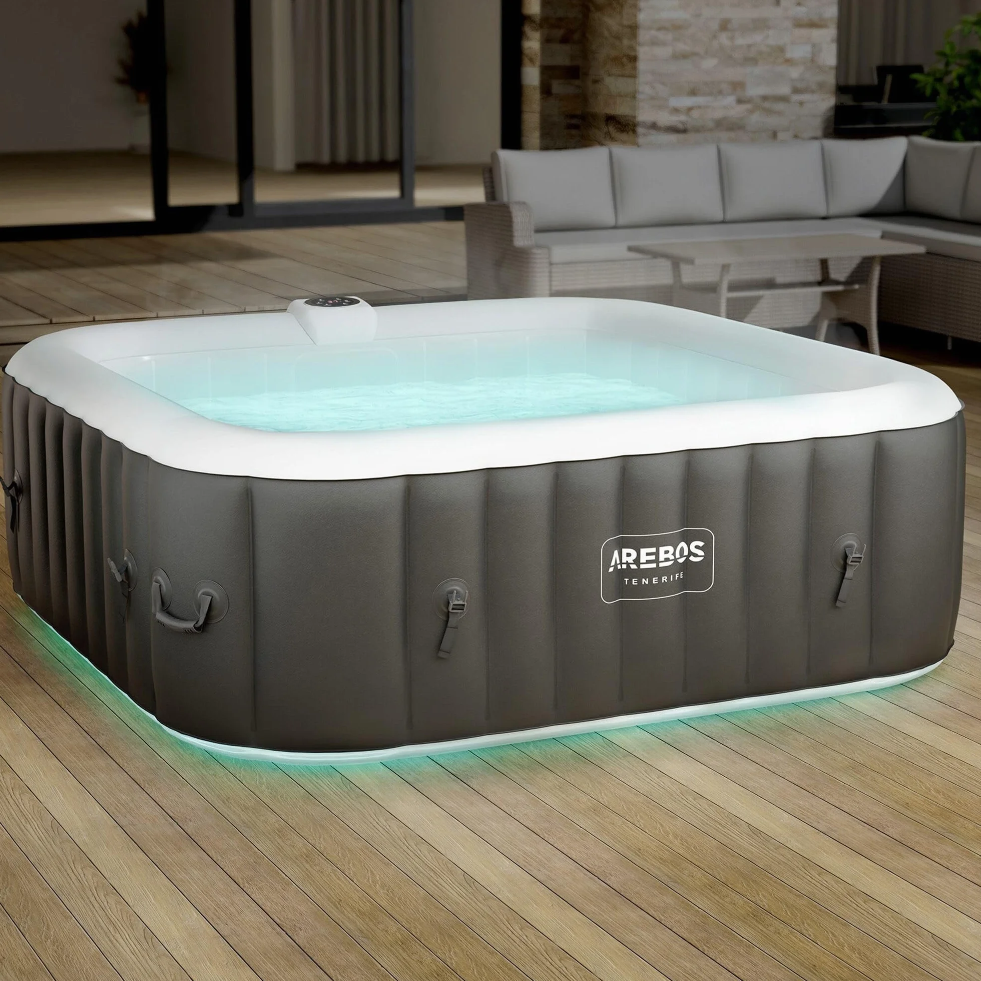 Arebos Spa Gonflable 185x185cm 6 Personnes 130 Jets LED Bulles Massage Automatique