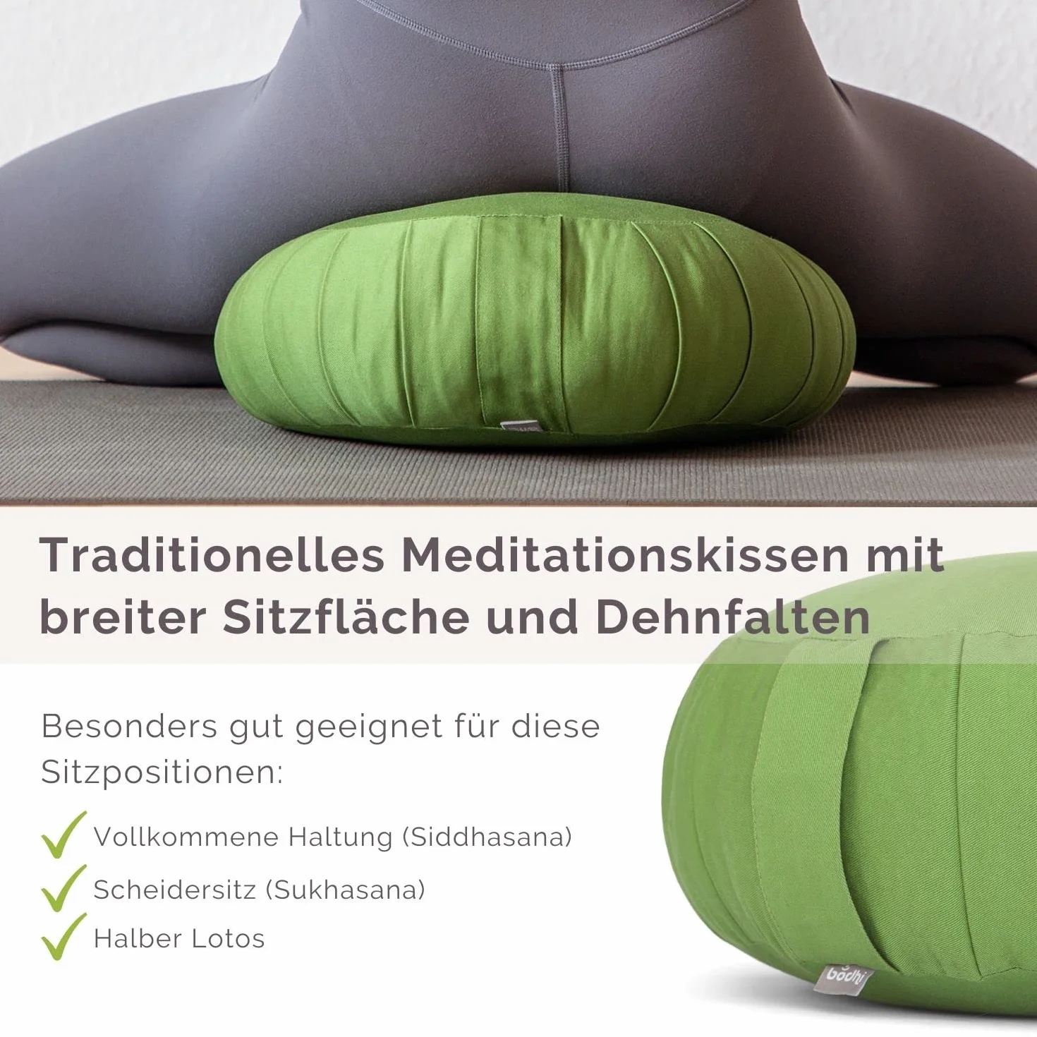 Bodhi Coussin de méditation Zafu ECO Rond avec Plis | Housse en Coton 100% Biologique | Coussin Garni d'épeautre Biologique | Hauteur d'assise 20 cm