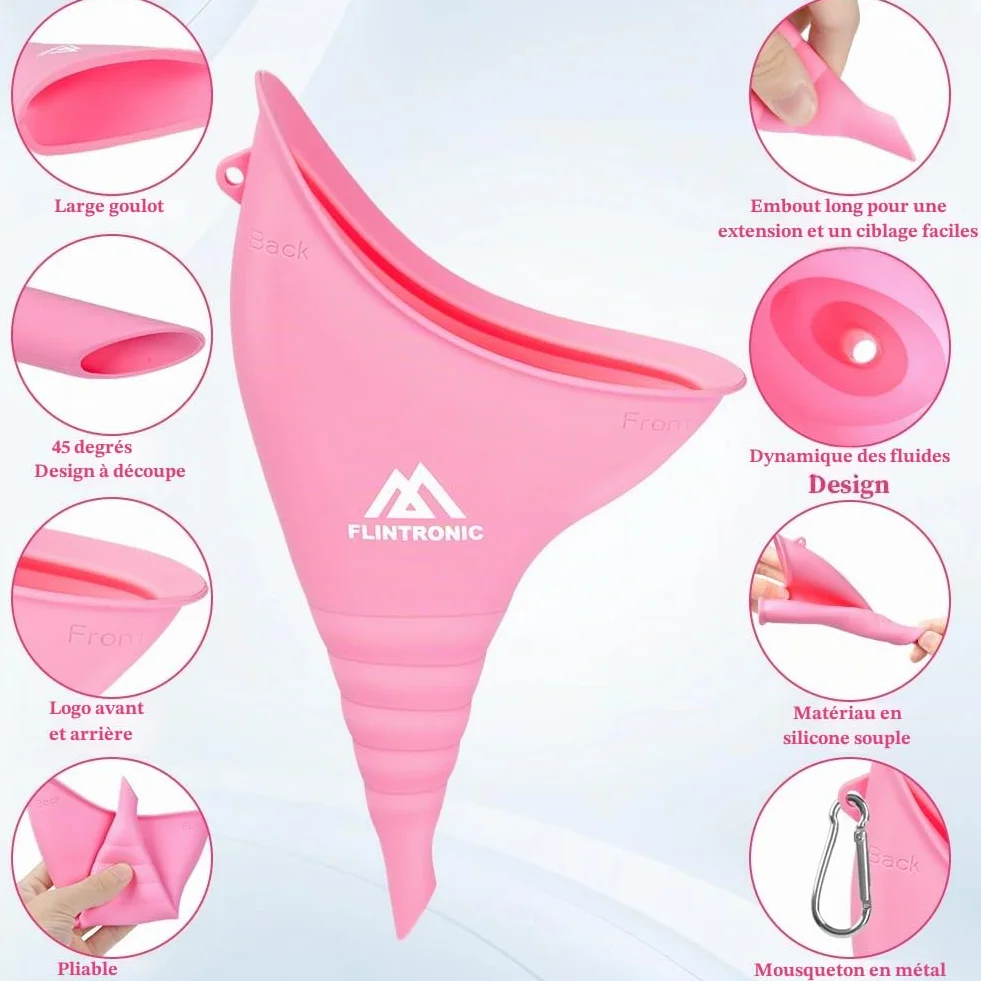 flintronic Urinoir Féminin Réutilisable en Silicone avec Tube d'Extension et Mousqueton