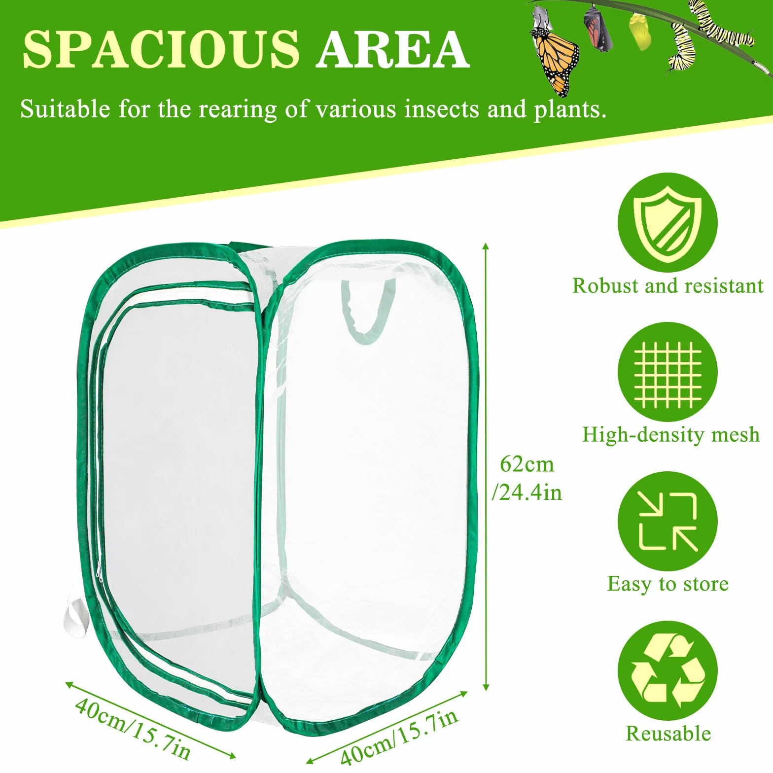 Cage à insectes pliable 40,6 x 40,6 x 61 cm habitat papillon couverture en maille pour plantes