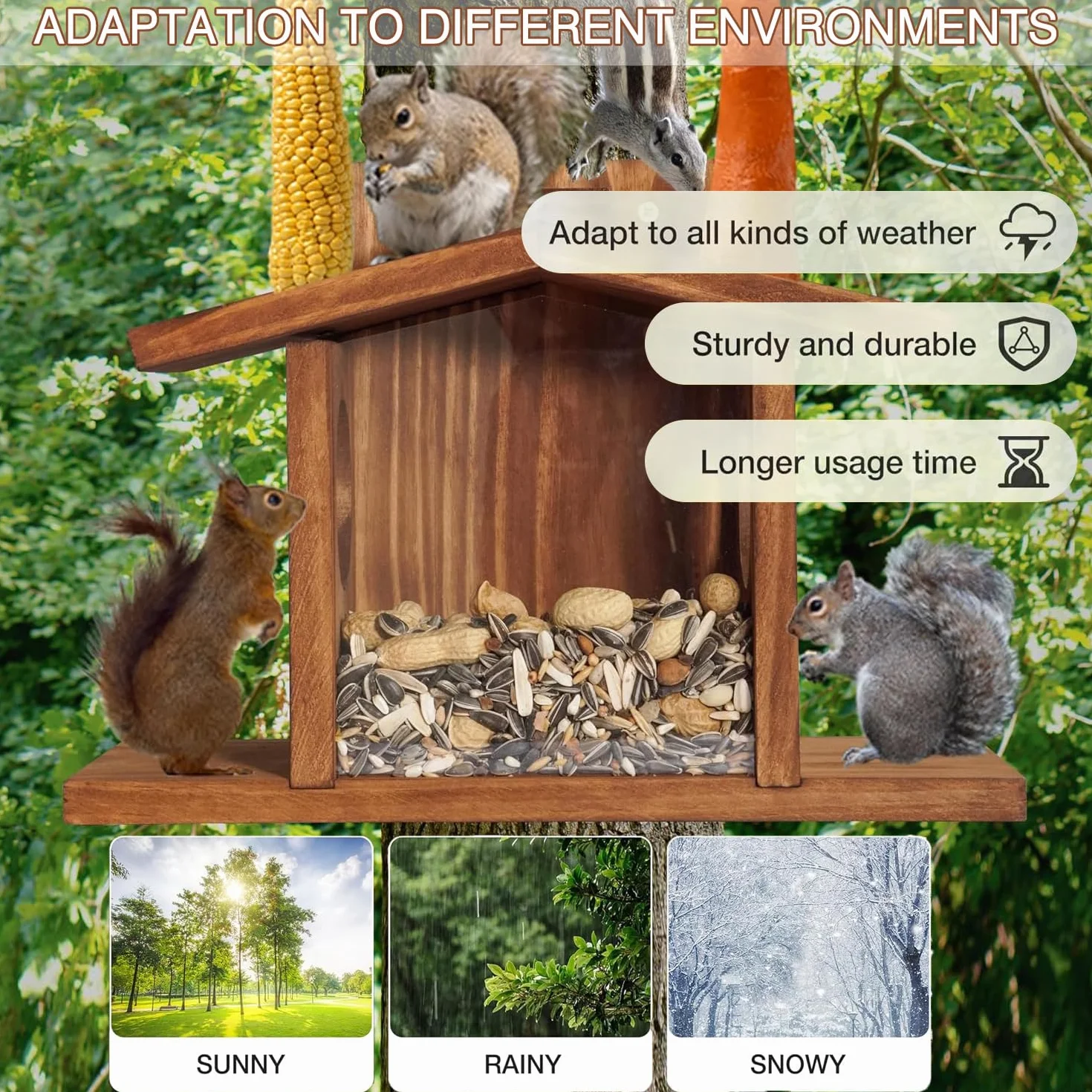 Mangeoire en bois pour écureuils imperméable design durable jardin extérieur