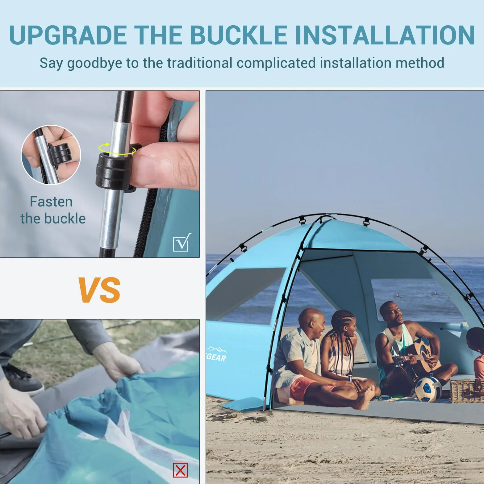Elegear Tente de Plage Anti UV UPF 50+, Tente de Camping Famille avec Auvent pour 6-7 Personnes Ultralight Portable Abri de Plage avec Sac de Transport pour Extérieure Parc Pêche, 260*165*150CM, Bleu