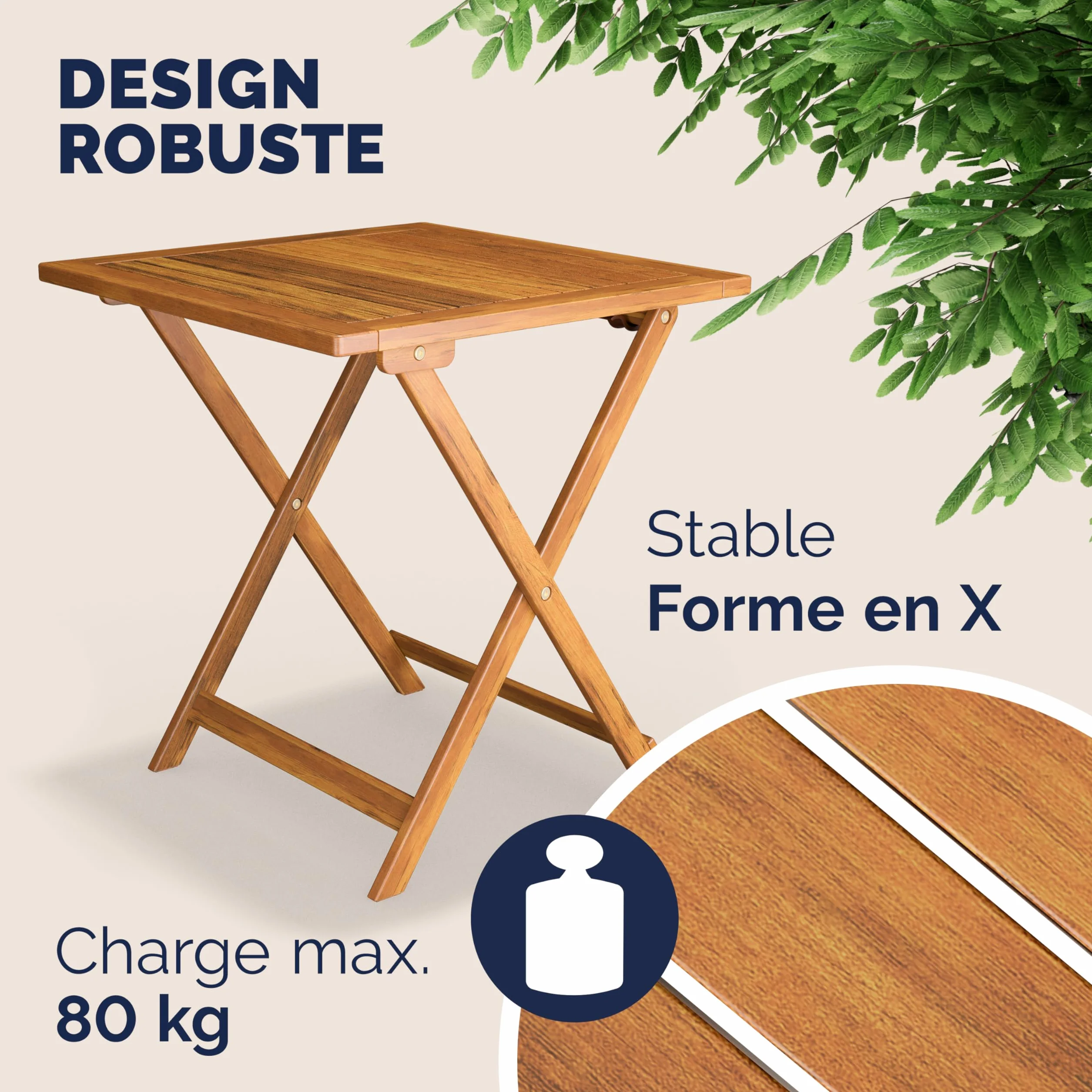 Casaria Salon De Jardin Pliable Bois D'acacia Table et 2 Chaises Résistant Aux Intempéries