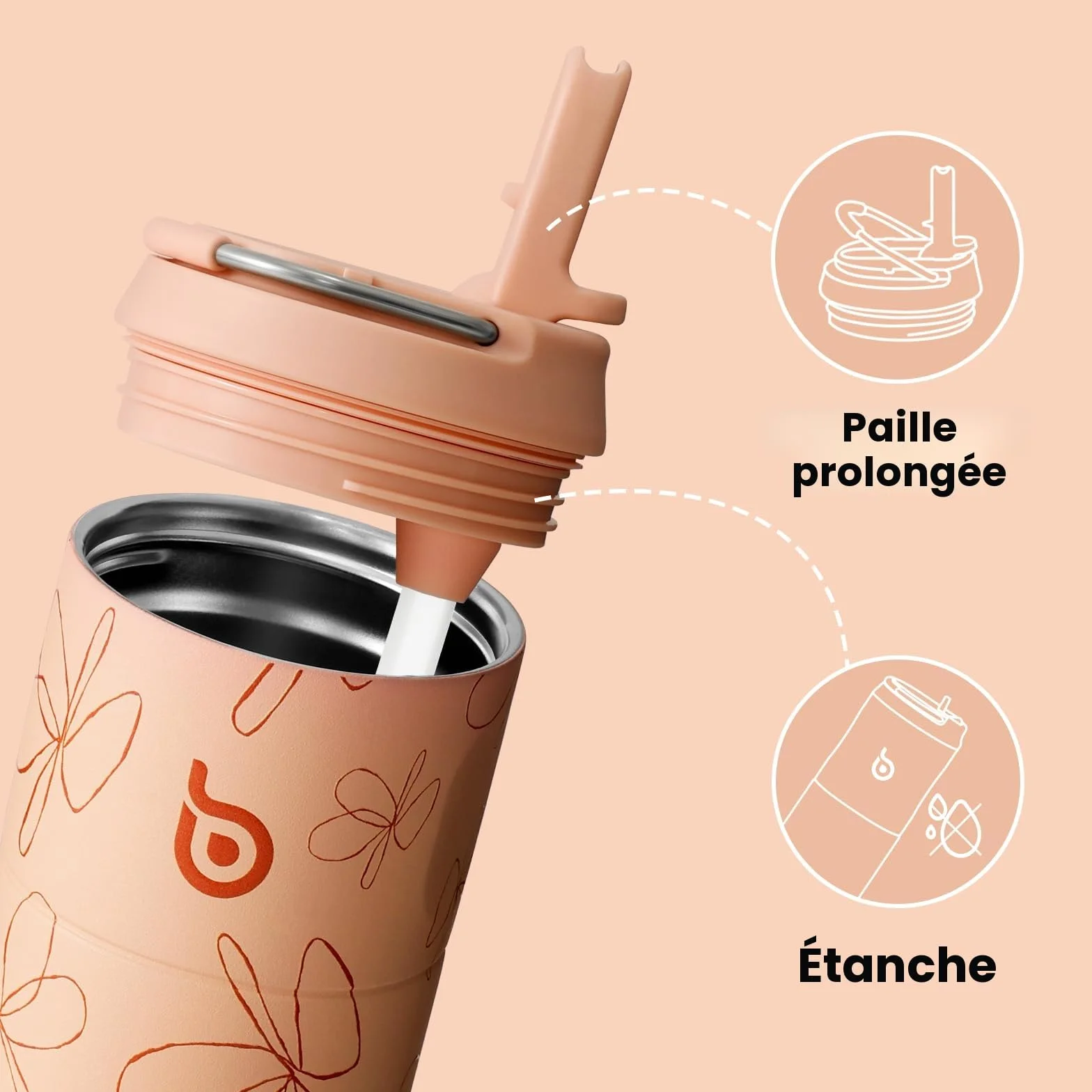 bottlebottle Gourde en acier inoxydable avec paille, 500 ml, sans BPA, couvercle anti-fuite, idéale pour l'école, le bureau, la randonnée et les excursions (motif de fleurs jaunes)