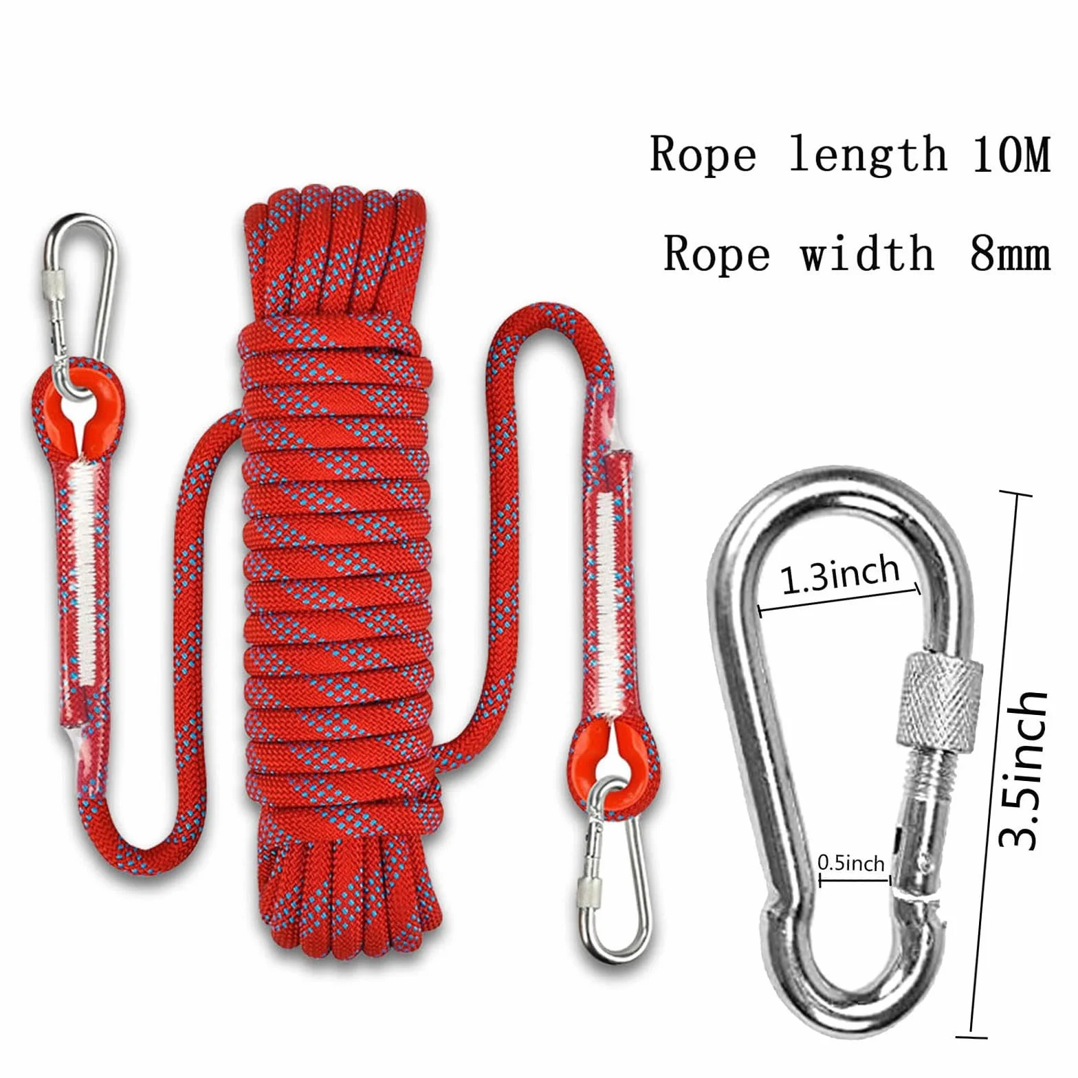 Corde d'escalade 10 m 8 mm Nylon tressée haute résistance 2 mousquetons