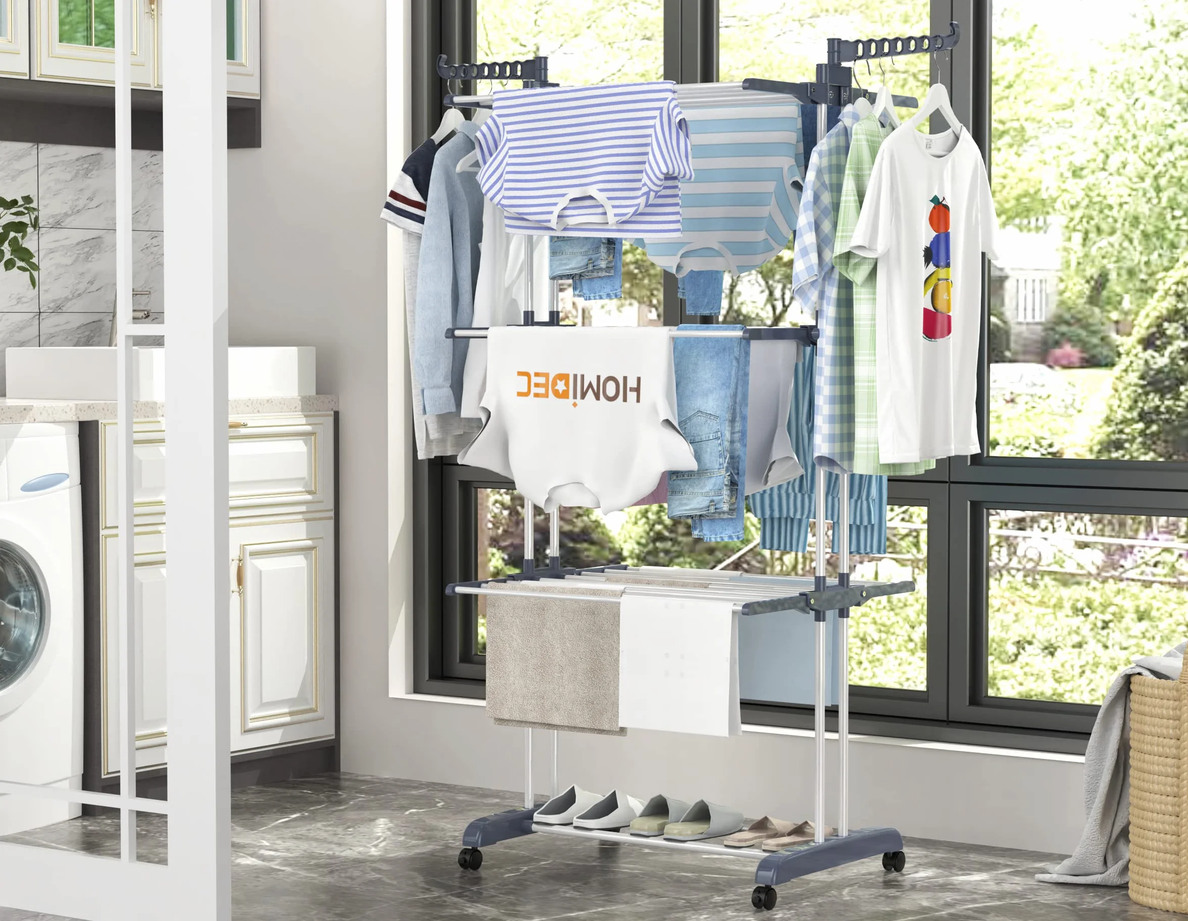 HOMIDEC Etendoir Linge Pliable 4 Niveaux Acier Inoxydable avec Roues Gris