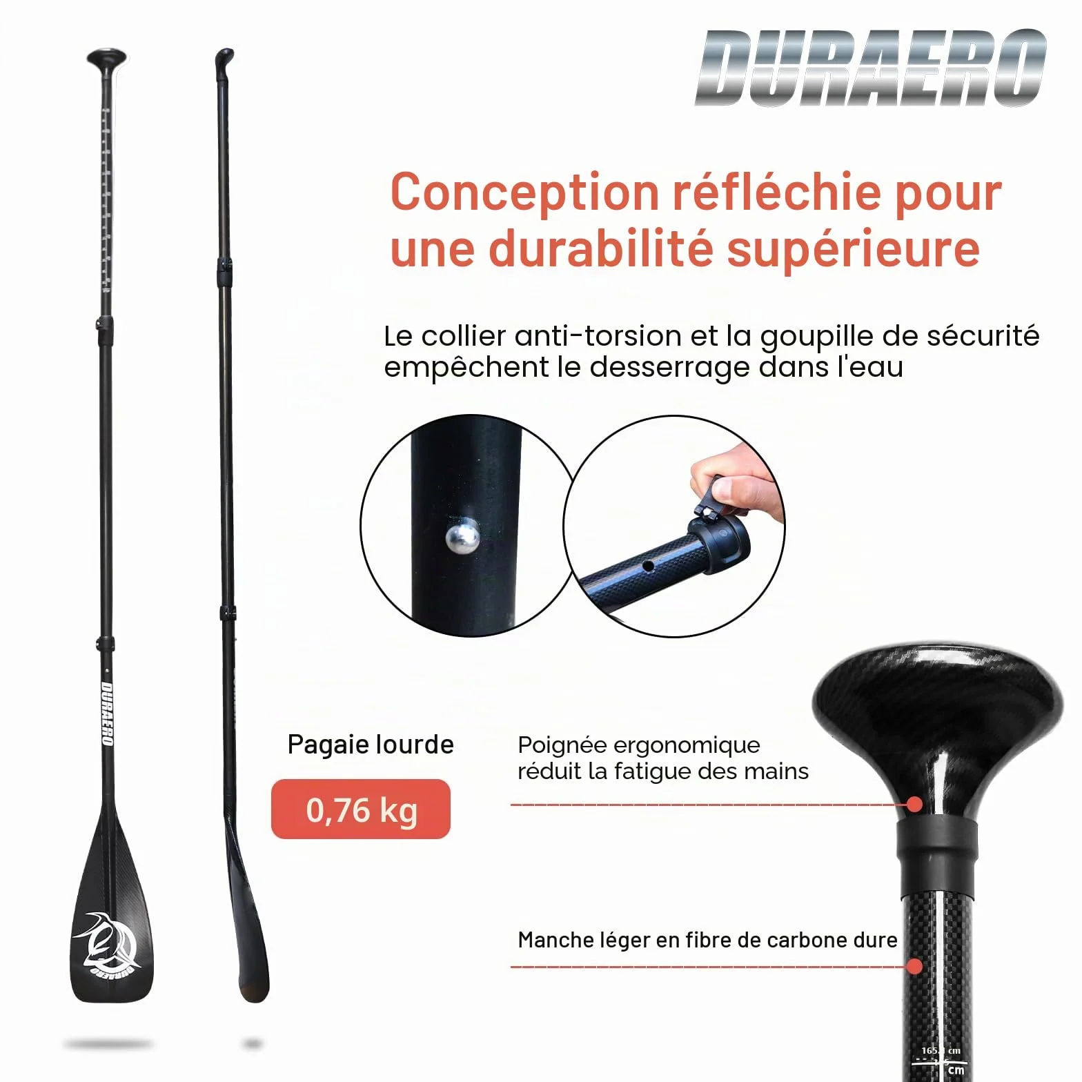 Pagaie Carbone avec Sac - 3 Pièces pour Sup Kayak Stand Up Paddle Board Professional Speed ​​- Légère 760 g Pagaie Télescopique Réglable 165 cm - 205 cm Paddle Kajak Surfboard Plug-in System