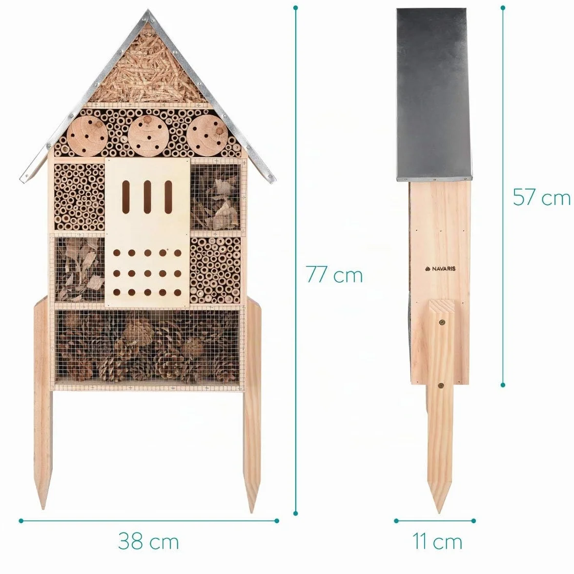 Navaris Hôtel à Insecte Bois Cabane Abri XL 38 x 11,5 x 57 cm avec 2 Piquets Nid Nichoir pour Abeilles Papillons
