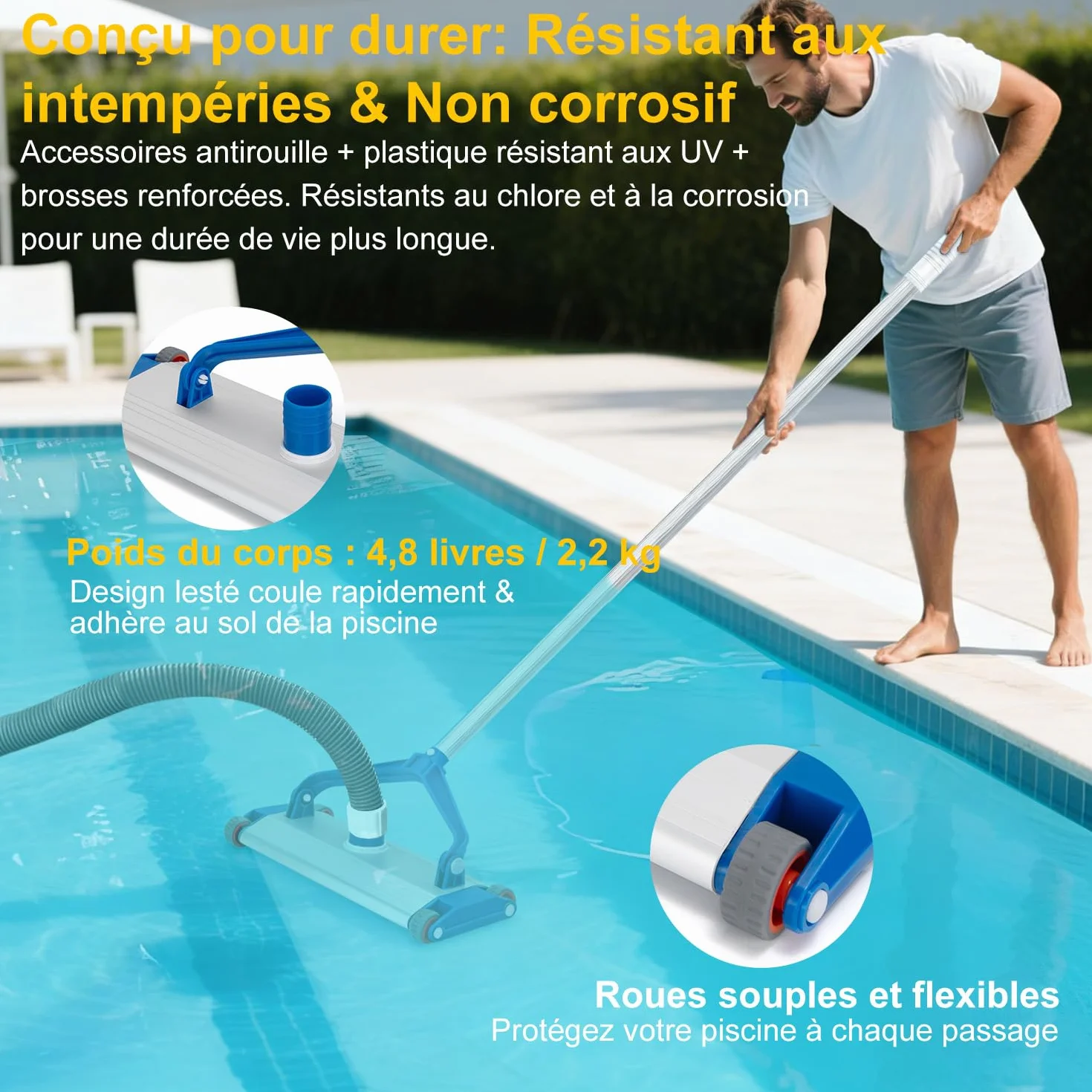 Brosse de Piscine Aluminium 34 cm avec Raccord d'Aspiration 4 Roues 2,2 kg pour Tuyau 38 mm