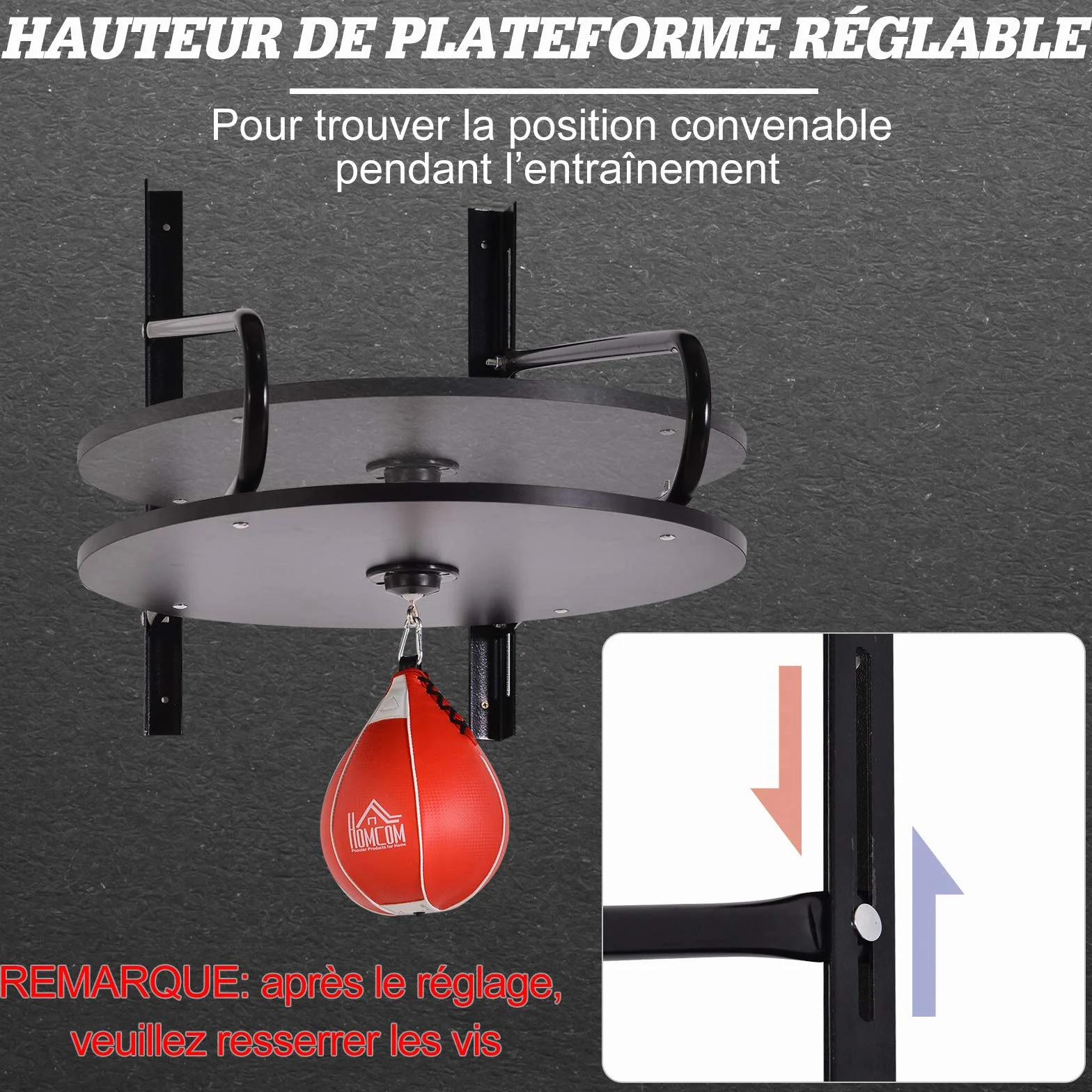 HOMCOM Punching Ball Poire de Vitesse Boxe avec Support Plateau tournant + Pompe en Bois Hauteur Réglable Acier revêtement synthétique