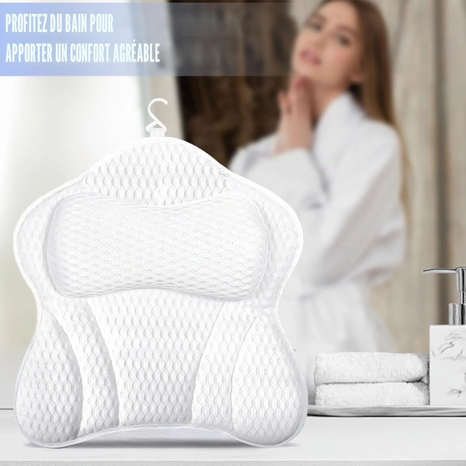 Oreiller de Bain Ergonomique 4D avec Ventouses Antidérapantes, Coussin de Baignoire Amovible, Repose-Tête, Accessoires de Bain Spa Blanc