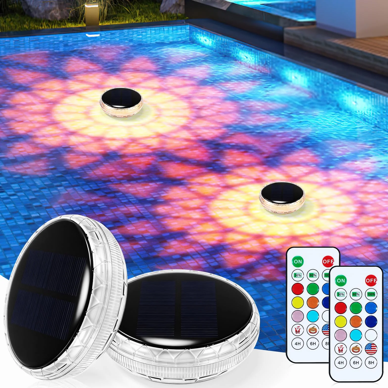 Lumière Piscine Flottante Solaire 2 Pièce Lampe Solaire Flottante avec Télécommande 9 Couleurs RGB 3 Modes Minuterie