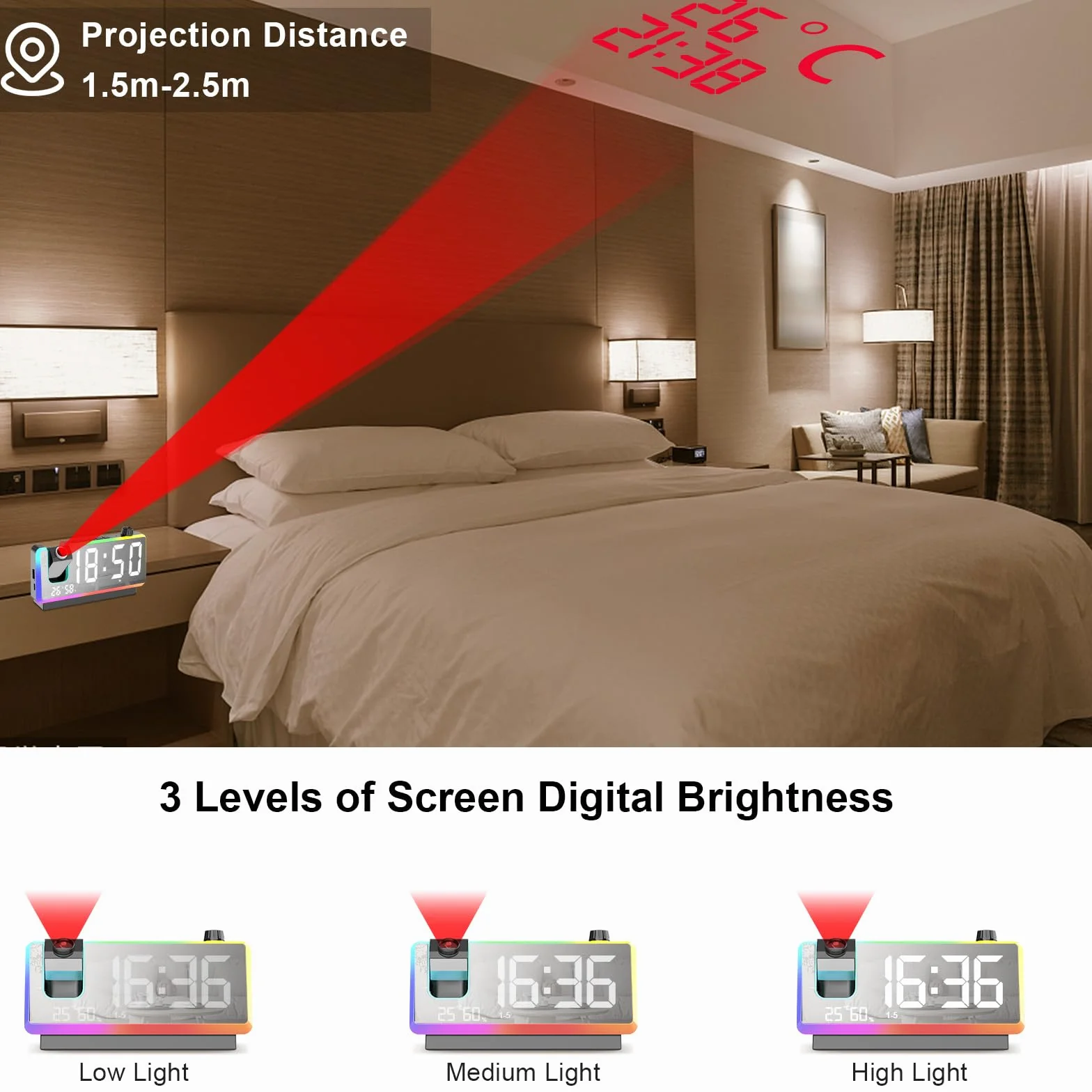 Cuteefun Réveil Projecteur Plafond avec Grand Écran LED 7 Pouces, 180°, Double Alarme, Noir