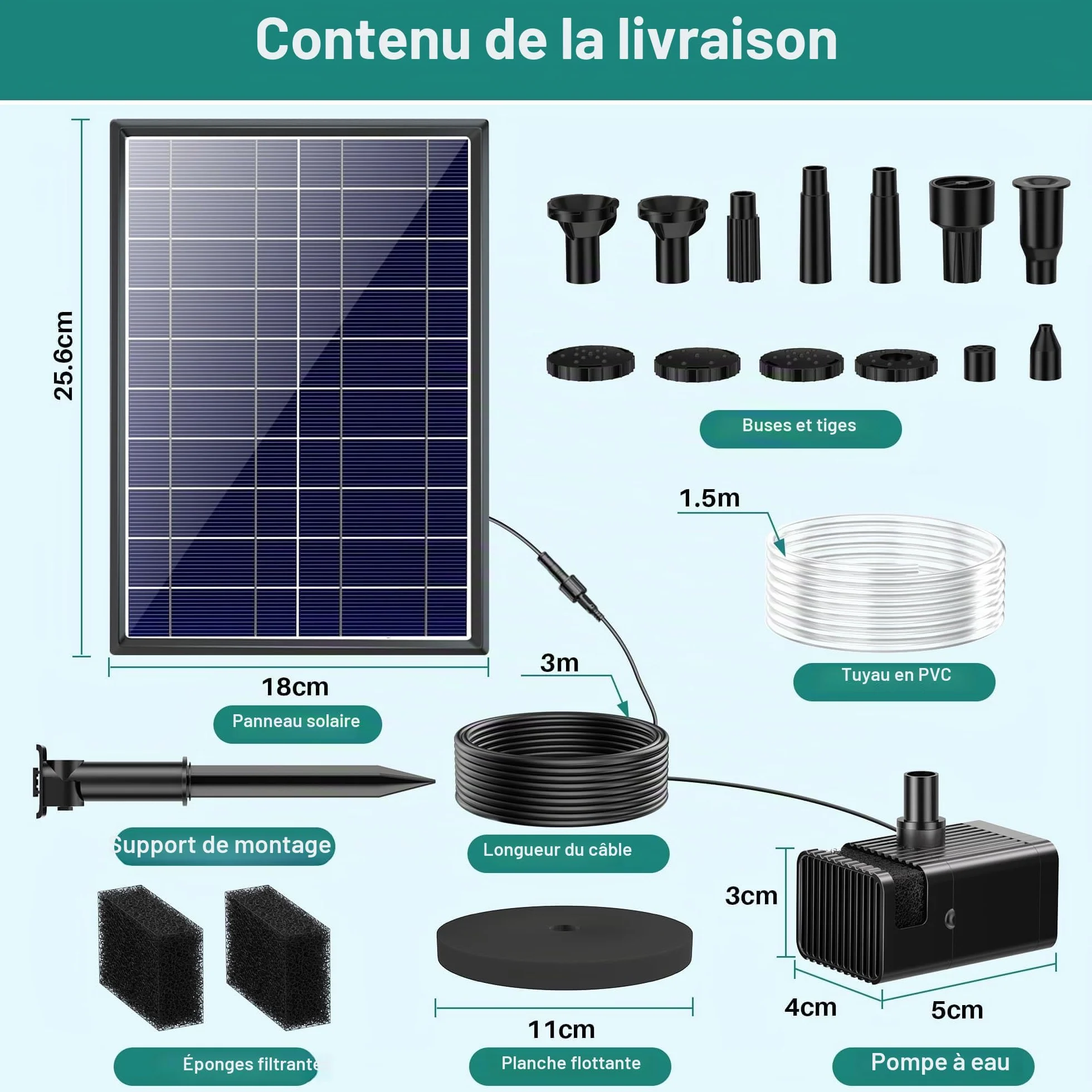 Fontaine Solaire 8 W Extérieur avec Batterie 3600 mAh Pompe Bassin Filtre Flottante ABS