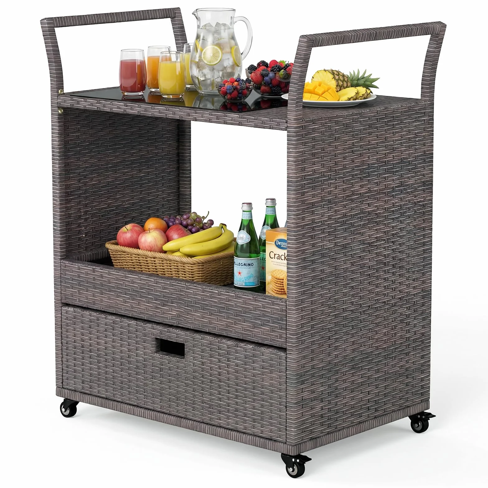 SOARS Desserte Exterieur Rotin PE Chariot Plancha Roulettes Plateau Verre Barbecue Jardin Patio