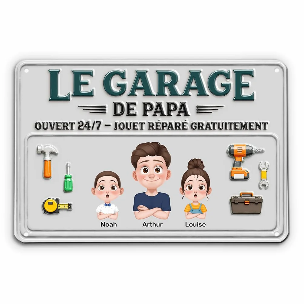 Plaque Métal Personnalisée Le Garage De Papy Et Papa Cadeau fête des pères (2 Enfants)