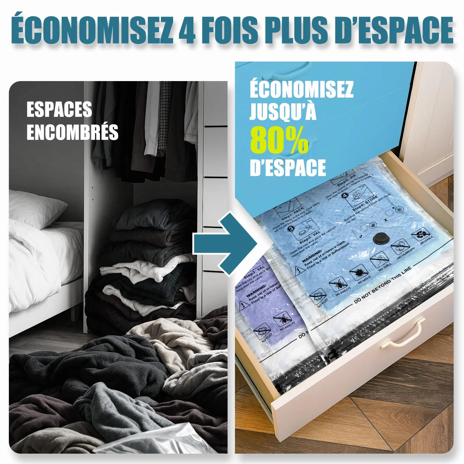Sac Sous Vide Vetement Aspirateur 5 Pièces 3XL 100X80cm Housse de Rangement Réutilisable
