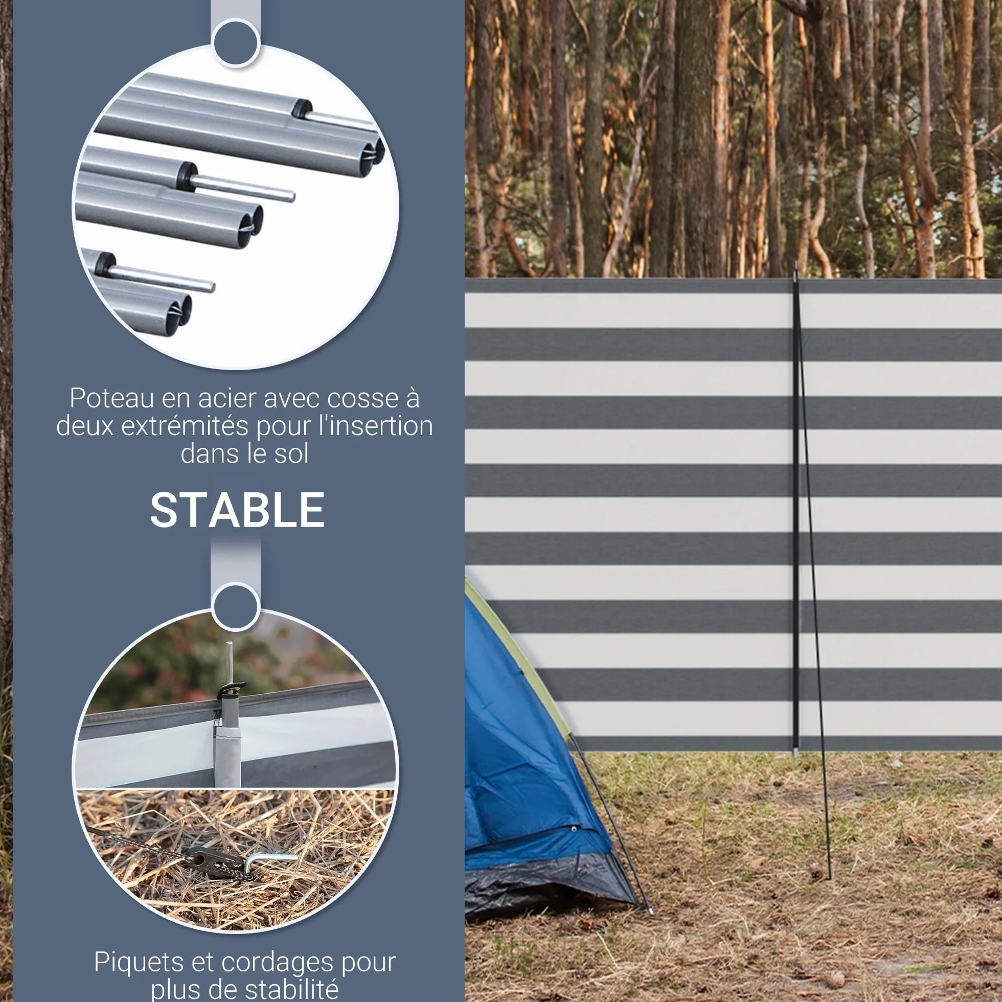 Outsunny Paravent Brise-Vent de Camping Portable Pliable avec Sac de Transport et poteaux en Acier dim. 540 cm x 150 cm Gris et Blanc
